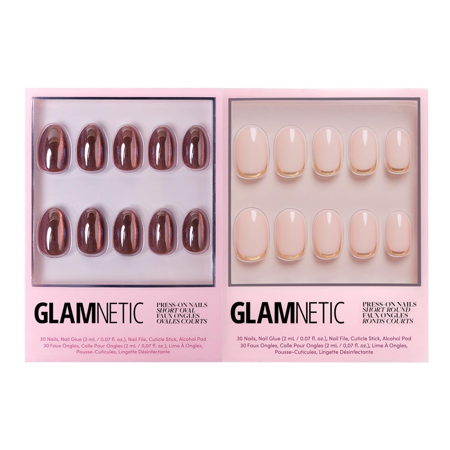 Glamnetic Press-On Nails Bundle - Magnetic Moscow & Goal Digger | Short Oval Fake Nails with a Cat-Eye Finish | Natural Short Round False Nails with Gold Foil | Durable, Salon-Quality Nail Kits