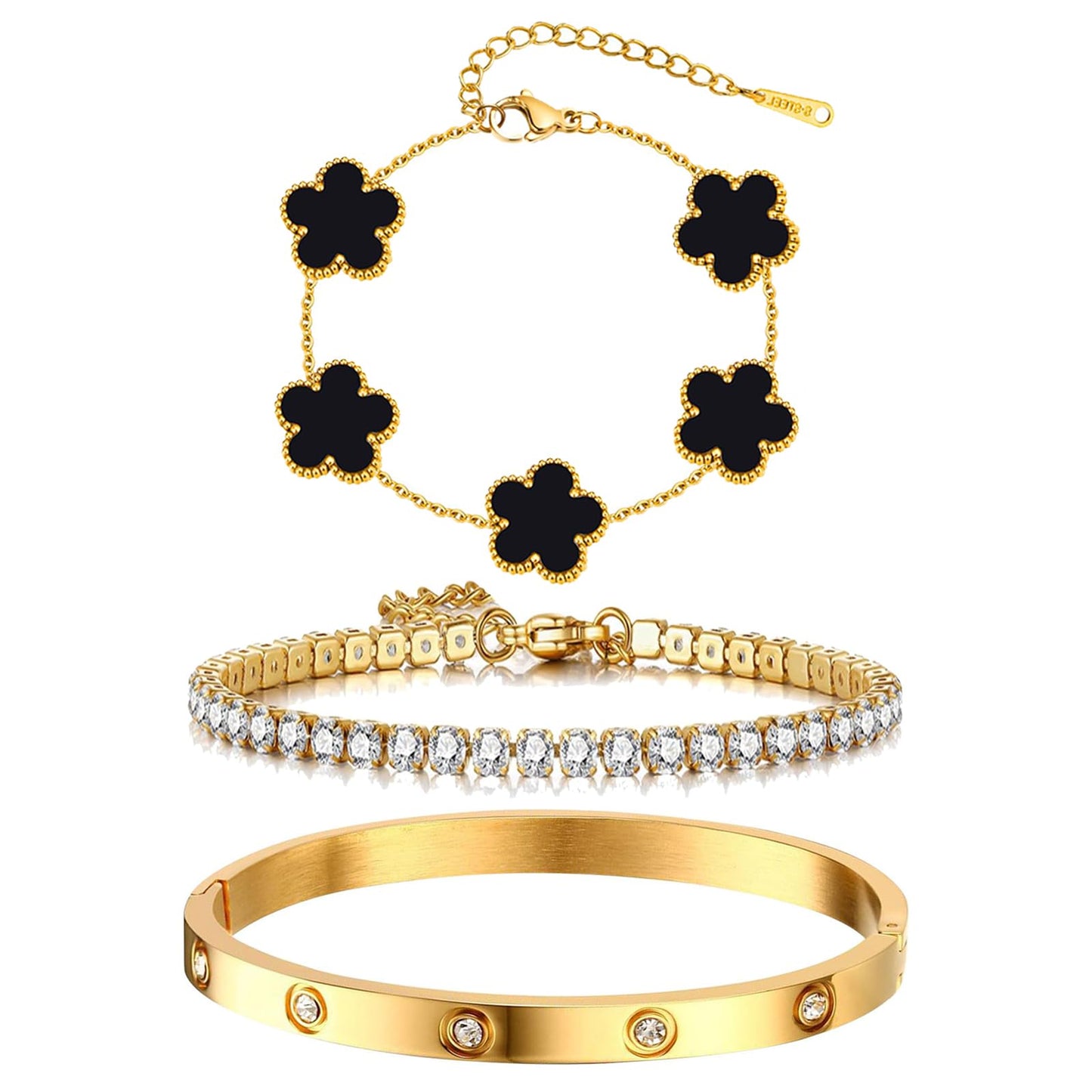 YOUNGGRACE 18K Gold Plated Bracelet Sets for Women - 3PCS Stackable Bracelets Including Bangle, Tennis Chain & Four Leaf Clover Bracelet, Elegant Gold Jewelry Set for Everyday Wear, Gift for Her