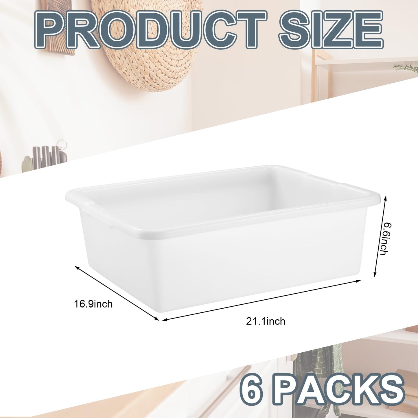 Ziliny 6 Pcs Commercial Bus Tubs 21.1" L x 16.9" w x 6.6" h Large Plastic Tubs Heavy Duty Wash Basin Tote Box for Restaurant Home Hotel Kitchen Organization Storage(White)