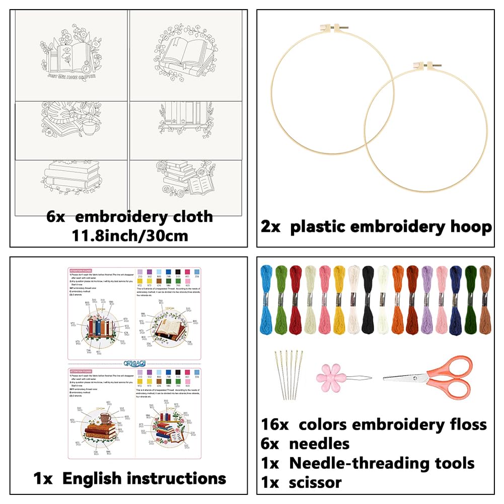 ORIGACH 6 Pack Book & Flower Embroidery Kits for Beginners, DIY Starter Hand Embroidery Kit with Floral Books Patterns and Instructions for Book Lover Adults Women Crafting