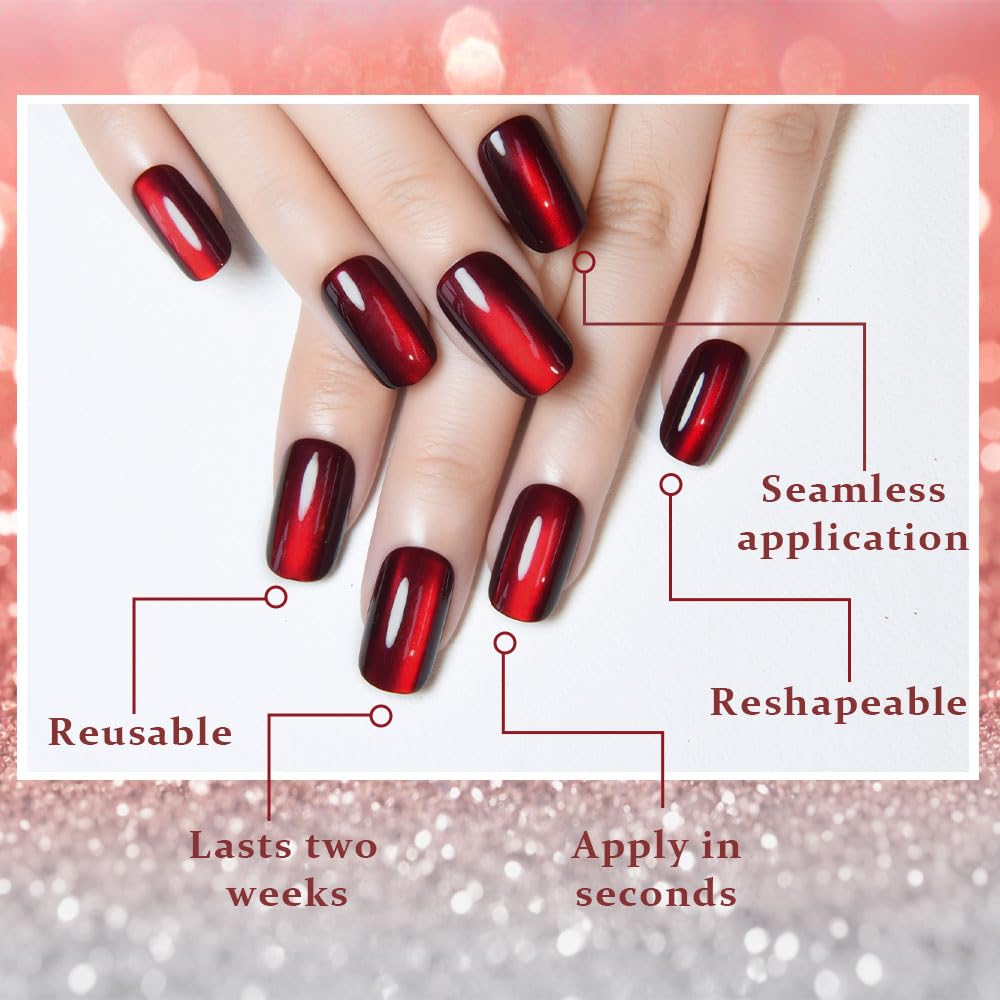 evpct Dark Blood Red Metallic Cat Eye Press on Nails Square Medium, Stick on Nails Medium Length Square for Women, Red Metallic Nail press ons, Iridescent Glitter Halloween Acrylic Fake Press on Nail