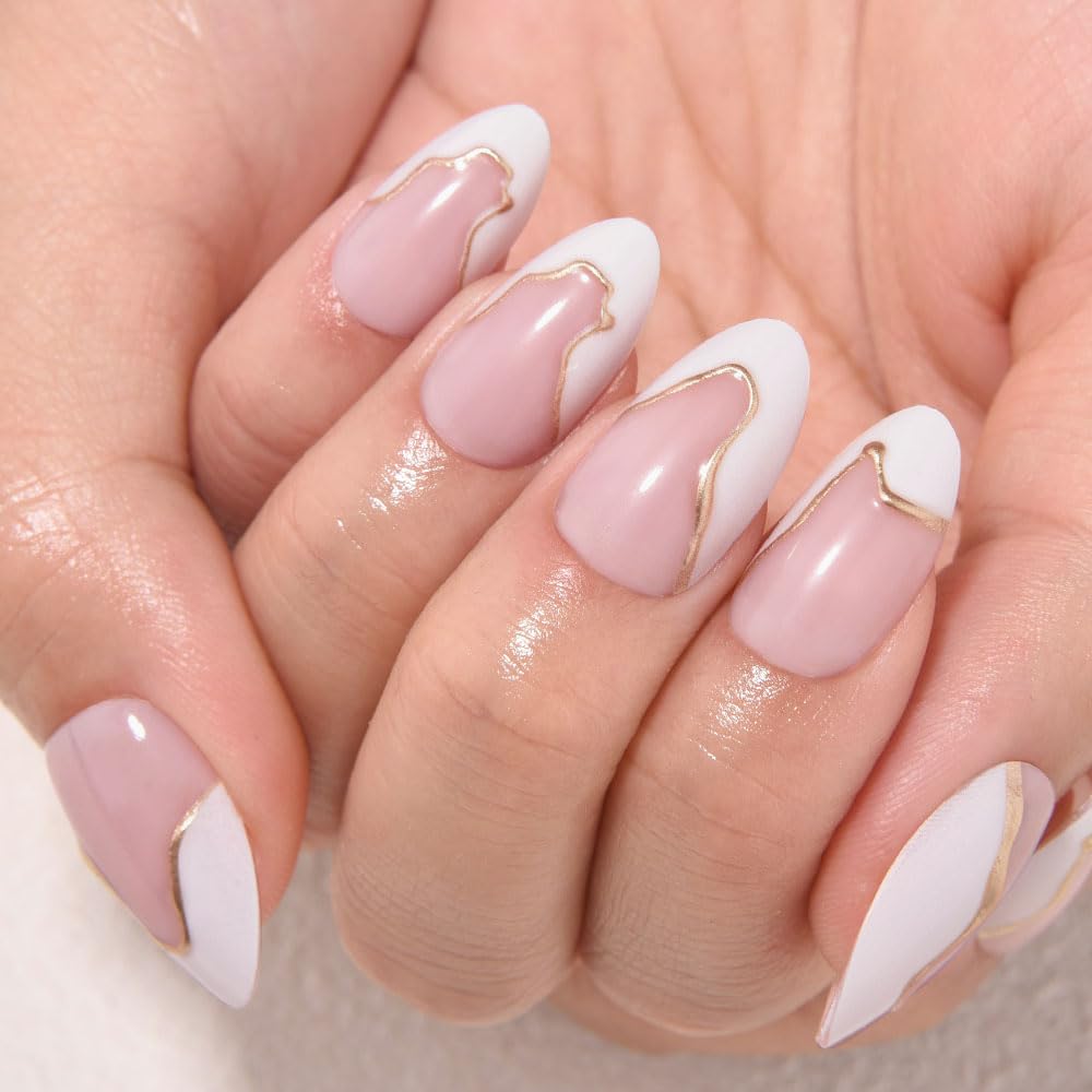 evpct French Tip Press On Nails Short Almond, Nude Pink + Gold Line & Wihte Tips, Glossy Short Almond Fake False Press on Nails, Soft Gel Stick on nail Press ons with Nail Kit Reusable Salon Quality