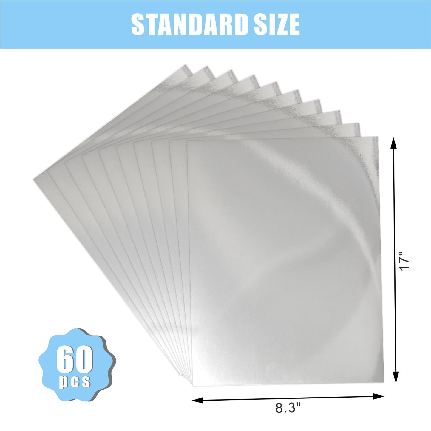 60 Sheets Metallic Silver Cardstock Paper, A4 Size Mirror Paper, Thick 250gsm Heavyweight Finish Silver Foil Board for Crafting, Scrapbook, Card & Decorations, Die Cut and Plotter Compatible