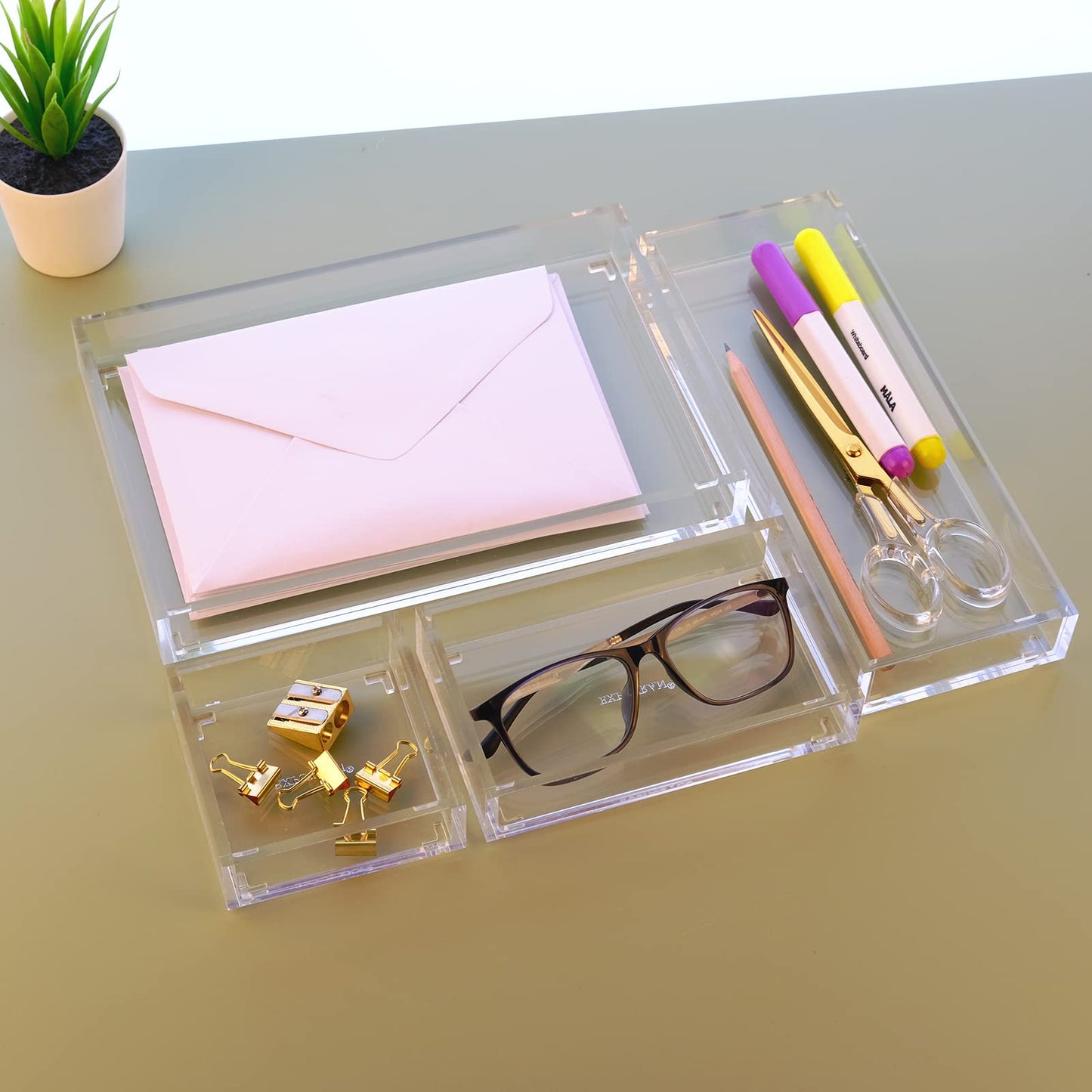 EXPUTRAN Clear Acrylic Desk Organizer for Office or Home Desk Drawer Dividers, Makeup Vanity Storage Bins, Stackable 4-Pack, Acrylic Accessory and Half Accessory Tray/Small Tray