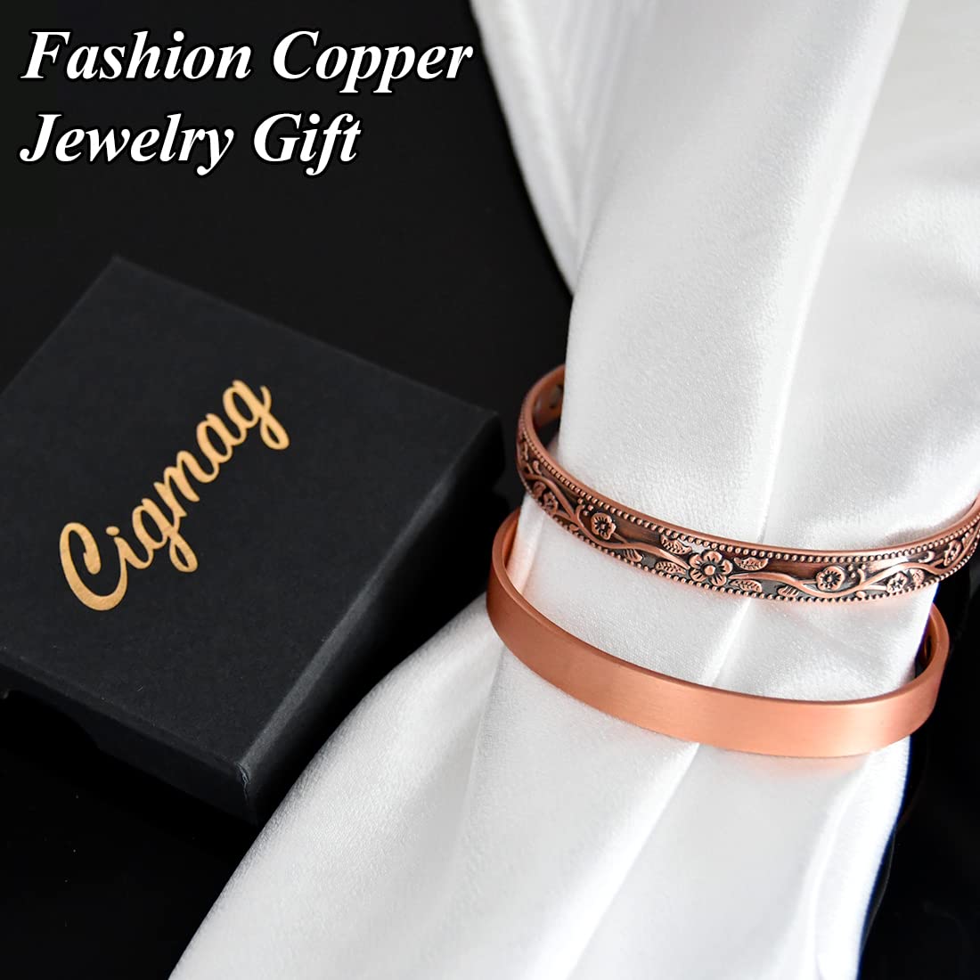 Cigmag 2PCS Copper Bracelets for Women Pure Copper Bracelet Cuff Bangle Strength Magnets Adjustable