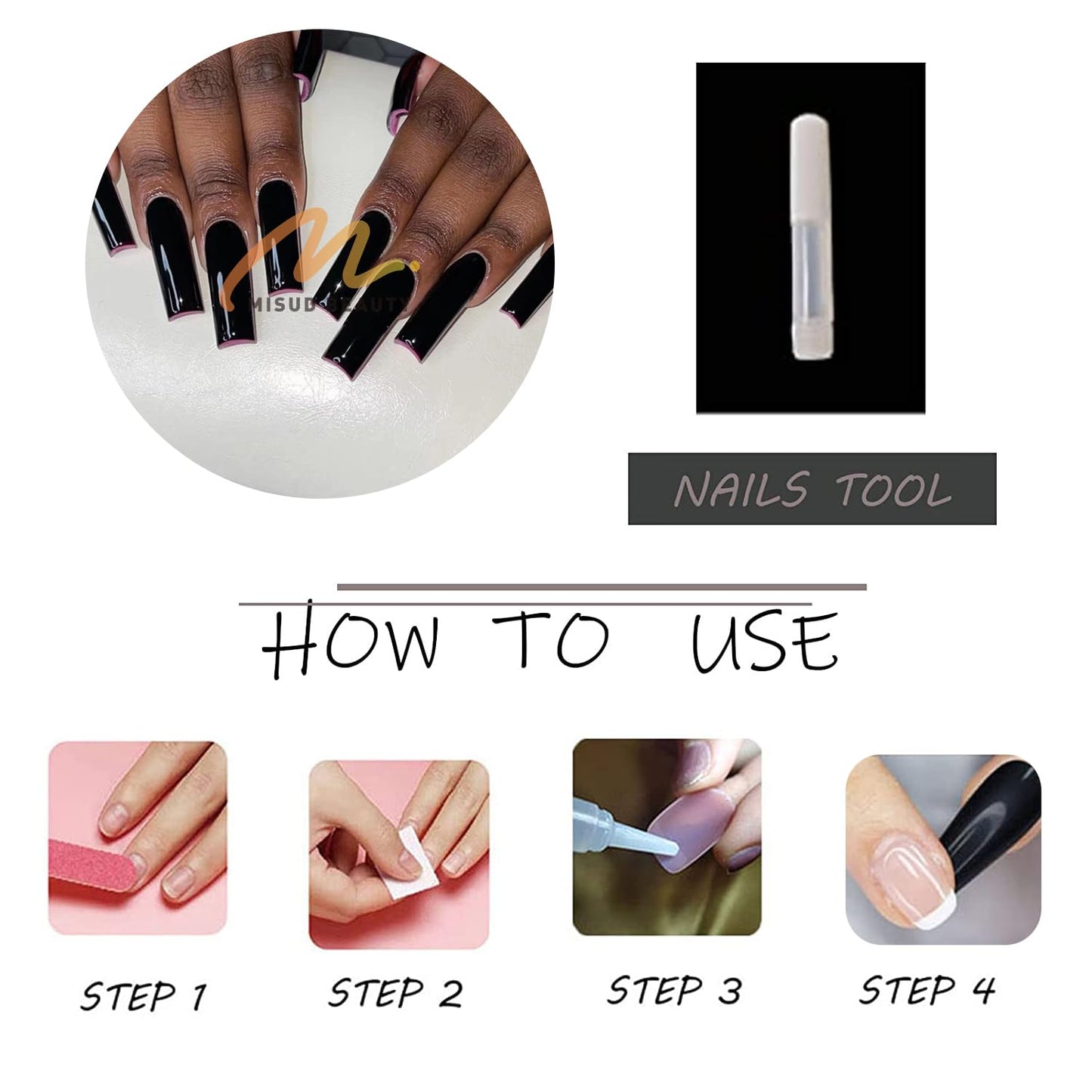 MISUD Press on Nails - Long Square Glue on Nails with Goth Black, Acrylic Gothic Design 24 pcs