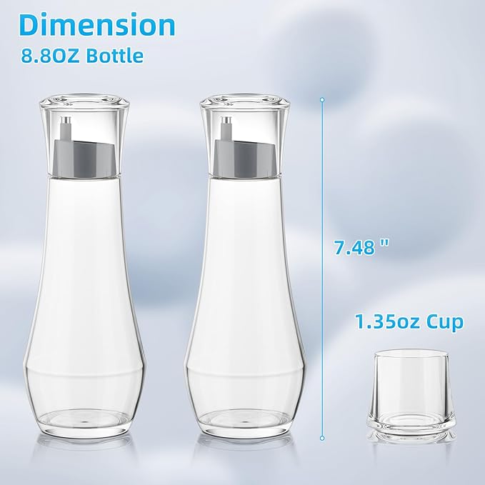 VITVITI Glass Mouthwash Dispenser for Bathroom, 8.8OZ Mouth Wash Container Bottle with Lid Cup, Small Clear Refillable Mouthwash Dispenser Decanter for Countertop, Set of 2, Gray