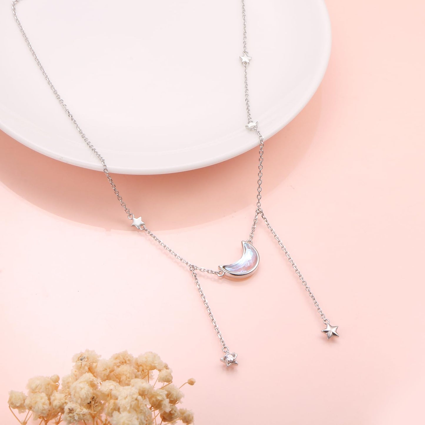 Ladytree 925 Sterling Silver Crescent Moon and Stars Celestial Jewelry CZ Created Moonstone Pendant Necklace Rolo Chain 18 inches to 20 inches