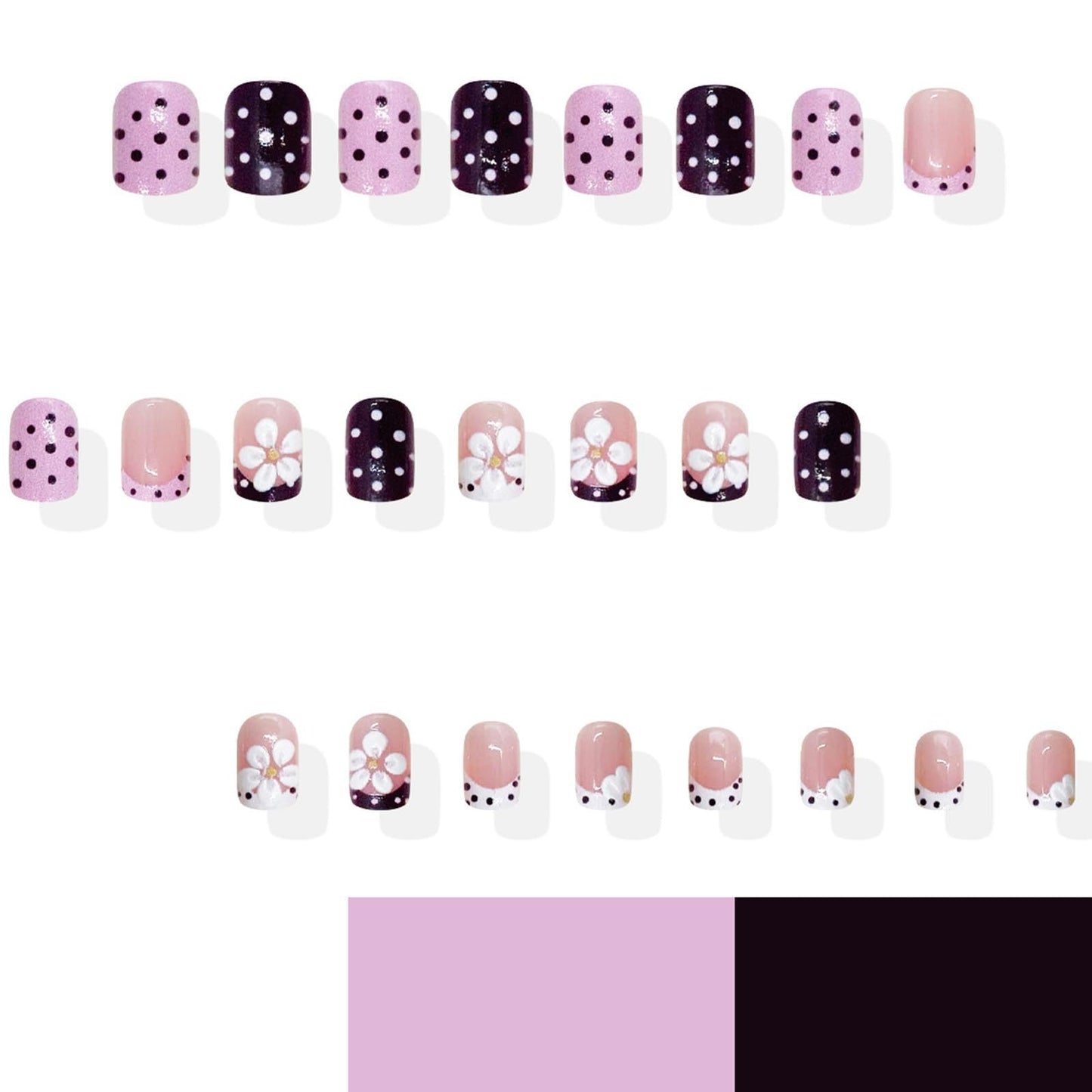French Tip Press on Nails Short Square Fake Nails with Polka Dots Flower Designs Cute Nails Press ons Pink Brown White Glue on Nails Spring False Nails Summer Stick on Nails for Women 24Pcs