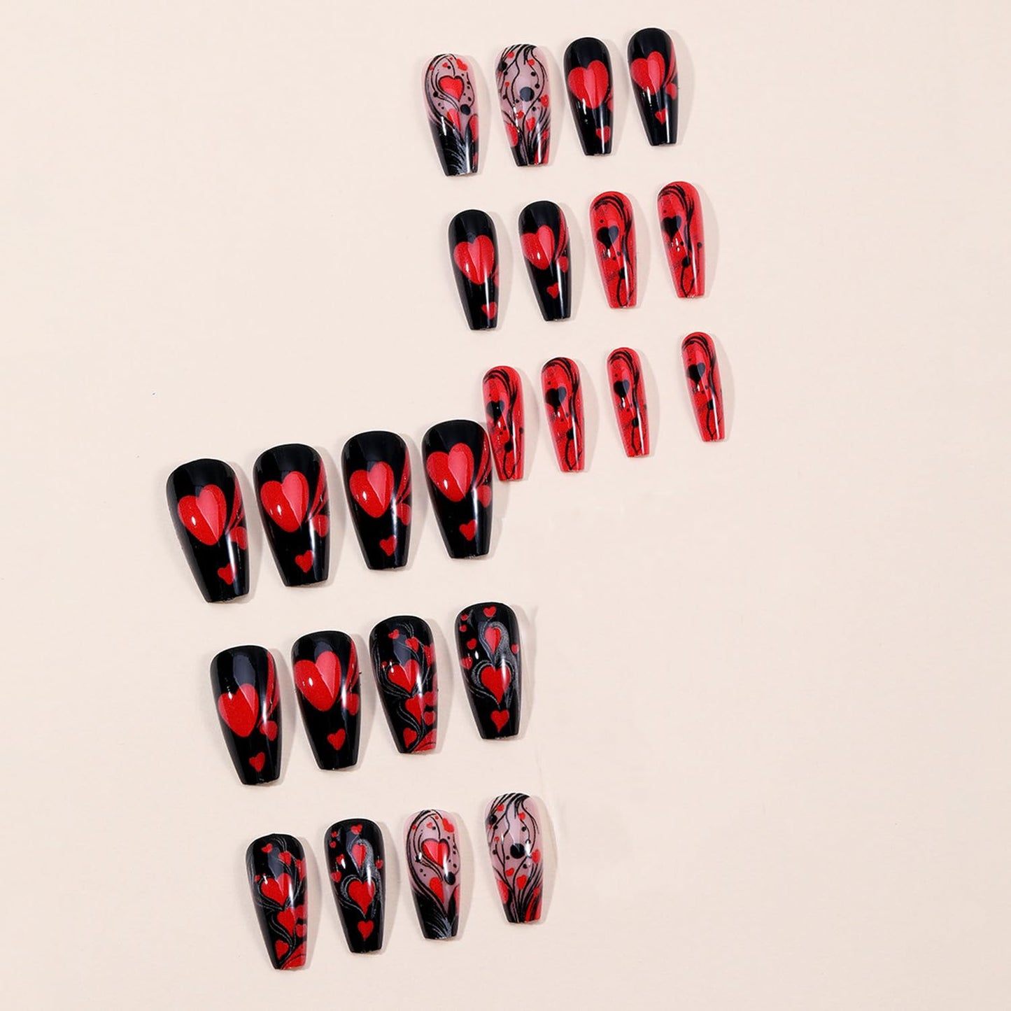 24Pcs Valentine Black Press on Nails Medium Coffin Heart Fake Nails Red Glossy Full Cover Acrylic Glue on Nails with Black Stripe False Nails Valentine Stick on Nails Holiday Nails for Women