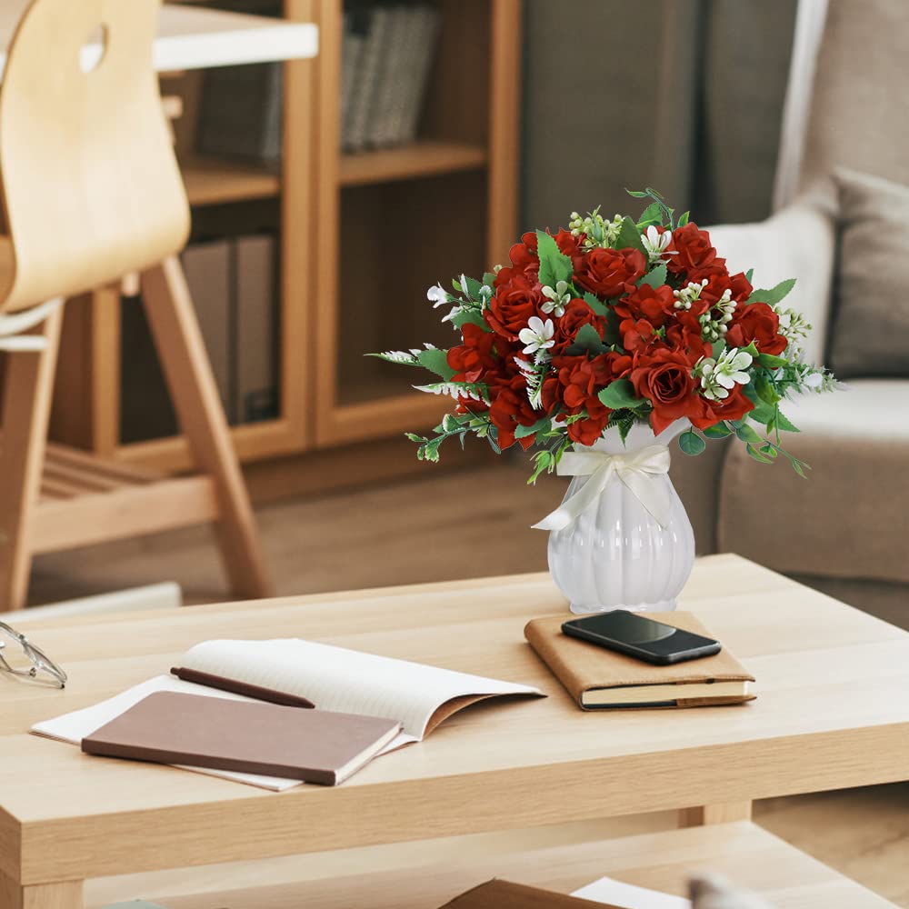 LESING Artificial Rose Silk Hydrangea Flowers Bouquets with Vase Rustic Fake Flowers for Home Decoration Table Centerpiece(Claret Red)