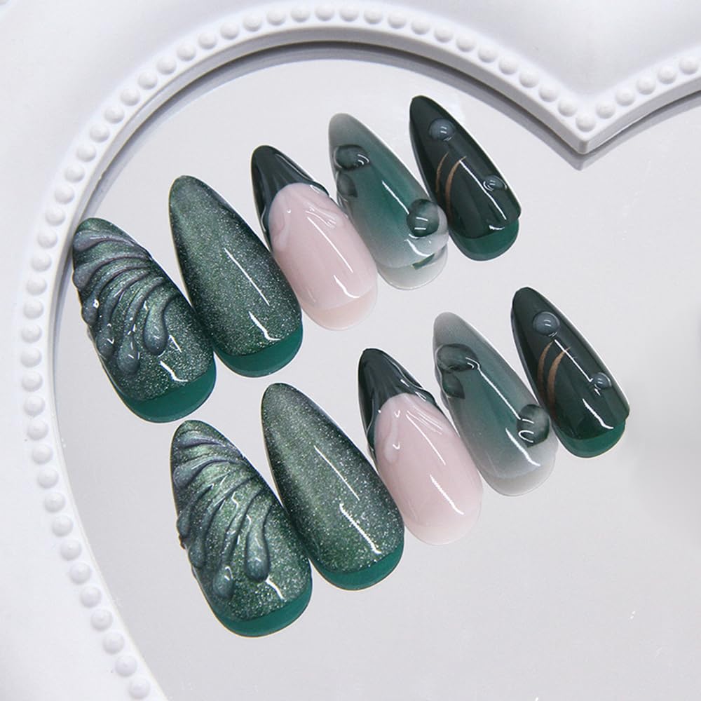 24 Pcs Glitter Green Press on Nails Short Almond,MINGCHUN Summer French Fake Nails Press ons Acrylic Nail Art Tips Kit Full Cover False Nails Glue on Nails with 3D Texture Cat's Eye Design for Women