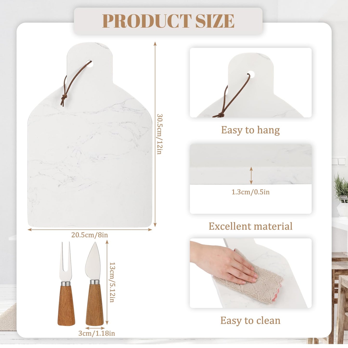 Patelai Marble Cutting Board Set of 3, White Cheese Board Charcuterie Chopping with Knife Fork 12 x 8 x 0.5 in Stone Serving Tray Slab with Handle for Kitchen Pastry Meat Fruit Housewarming Gift