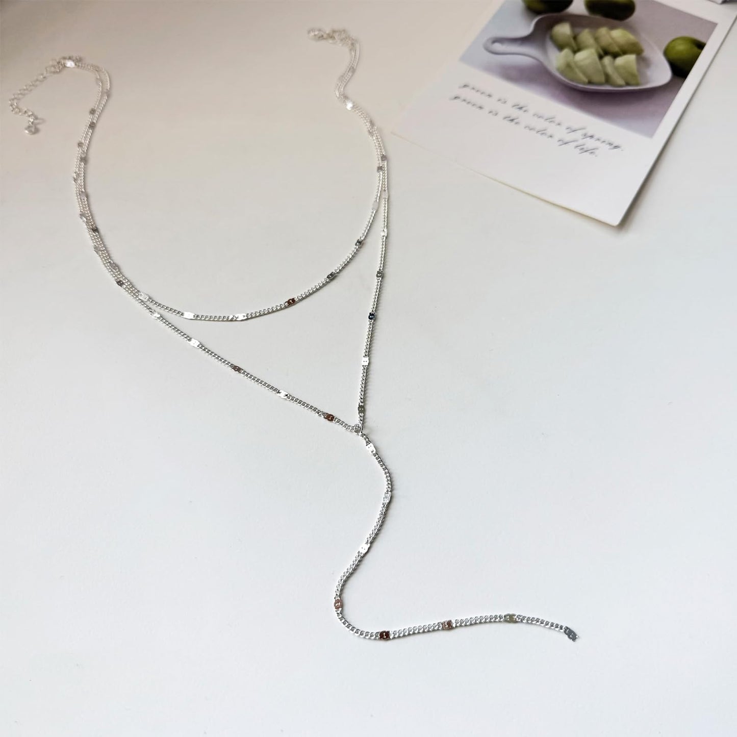 LULII Dainty Long Silver Necklace for Women Trendy Lariat Y Necklace Silver Plated Layered Chain Drop Y-Shaped Jewelry Gift