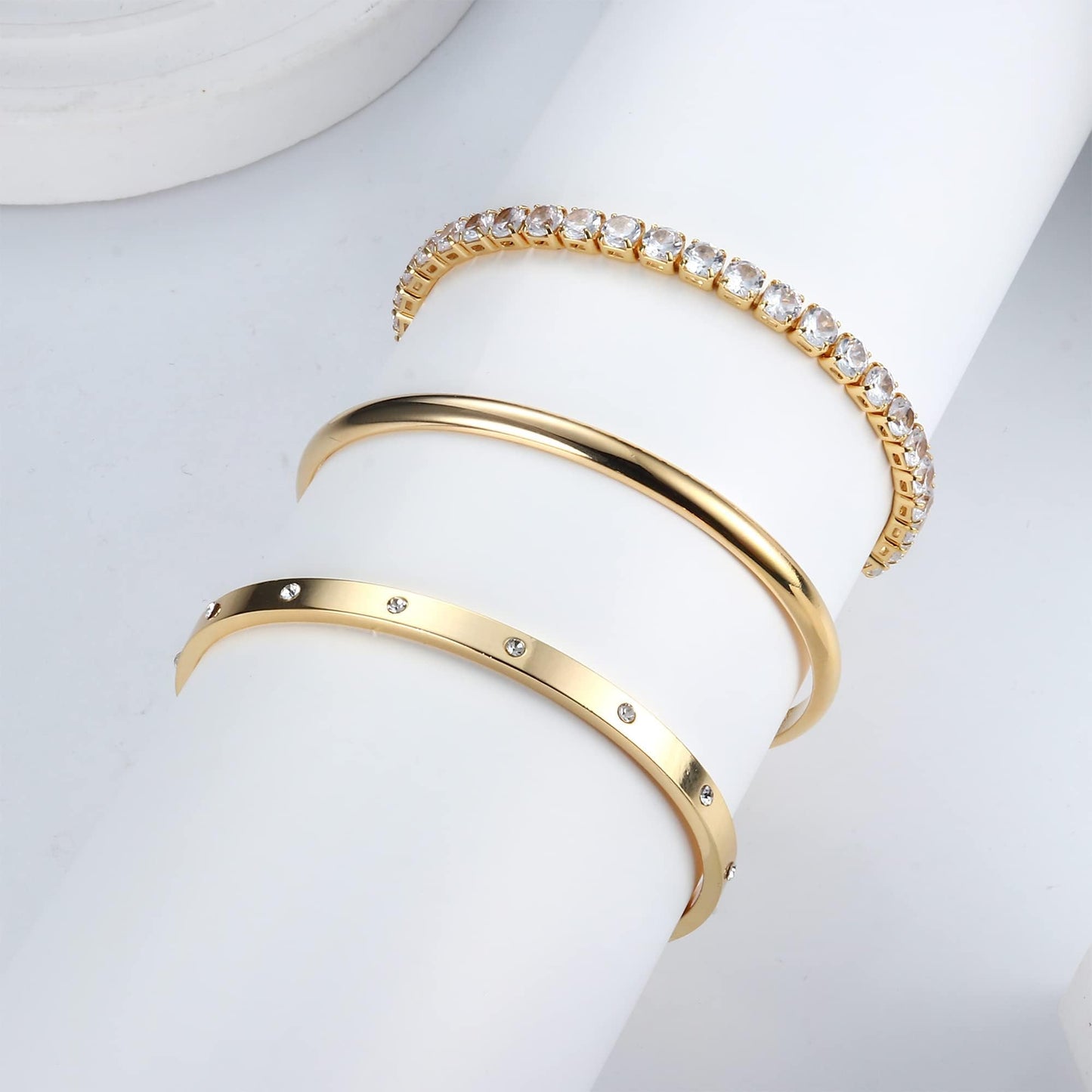 Fansilver 3PCS Gold Bracelets Set - 14K Gold Plated Link, Cuff, Bead Ball, Twisted Chunky Bangle Stackable Bracelets