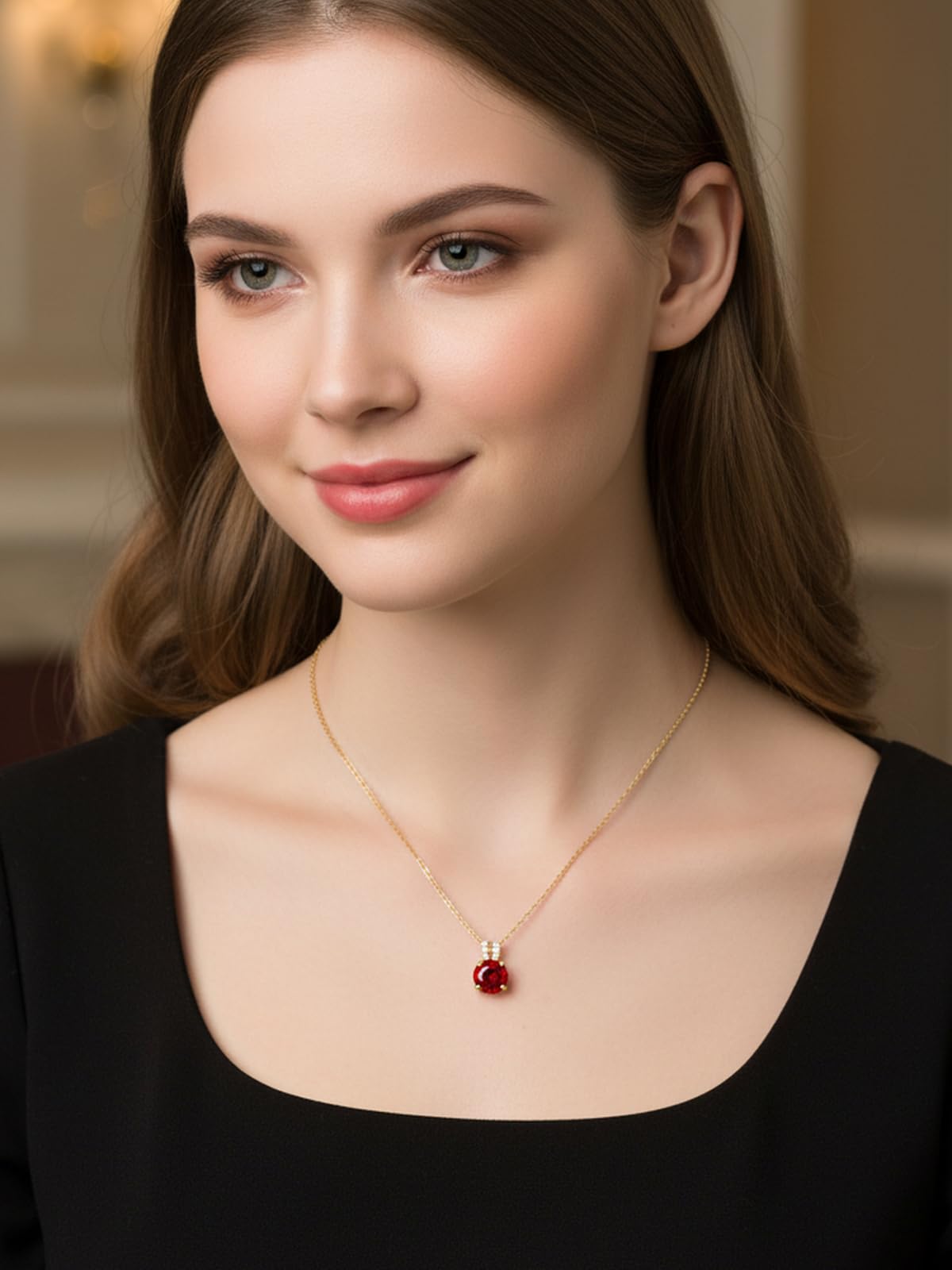CYW 1 Carat Red Ruby Small Gold Round Necklace for Women 925 Sterling Silver Solitaire Pendant Necklace