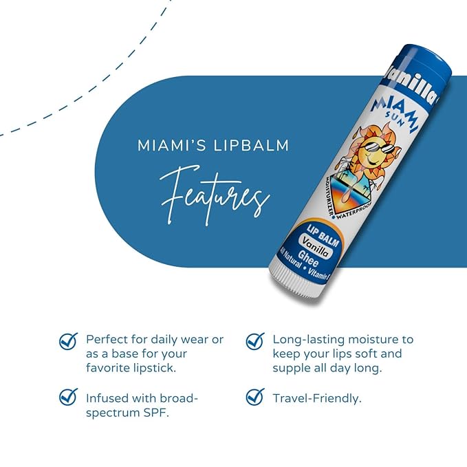 Miami Sun Natural Ghee Lip Balm, Hydrating Lip Treatment with Shea Butter & Beeswax, Organic & Non-Toxic, Best for Dry, Chapped Lips - Moisturizing, Healing, Chemical-Free Care (2 Pack Gift, Vanilla)