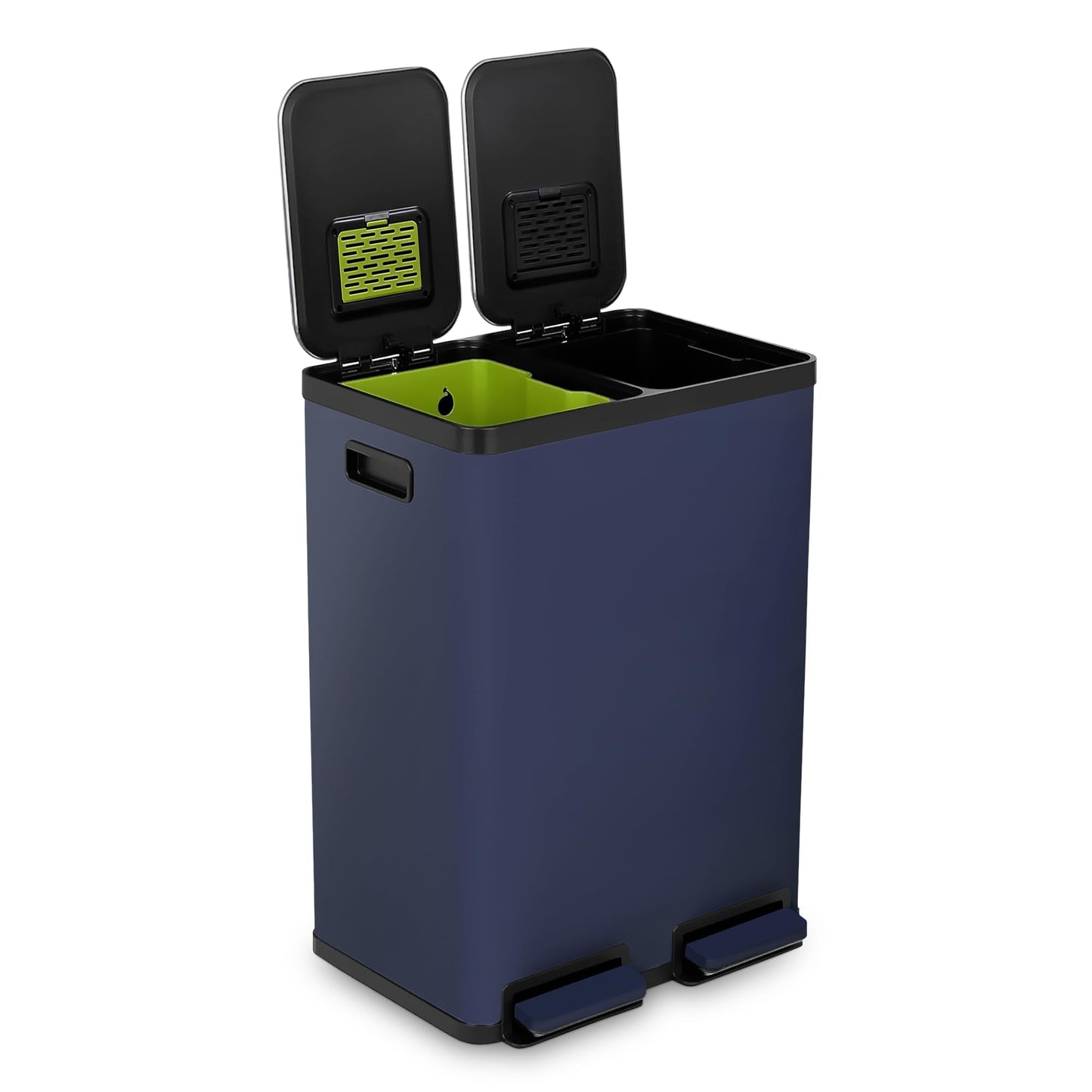 Simpli-Magic 60 Liter / 16 Gallon Rectangular Hands-Free Dual Compartment Recycling Kitchen Step Trash Can with Soft-Close Single Lid, Stainless Steel (30L x 30L Capacity) Blue
