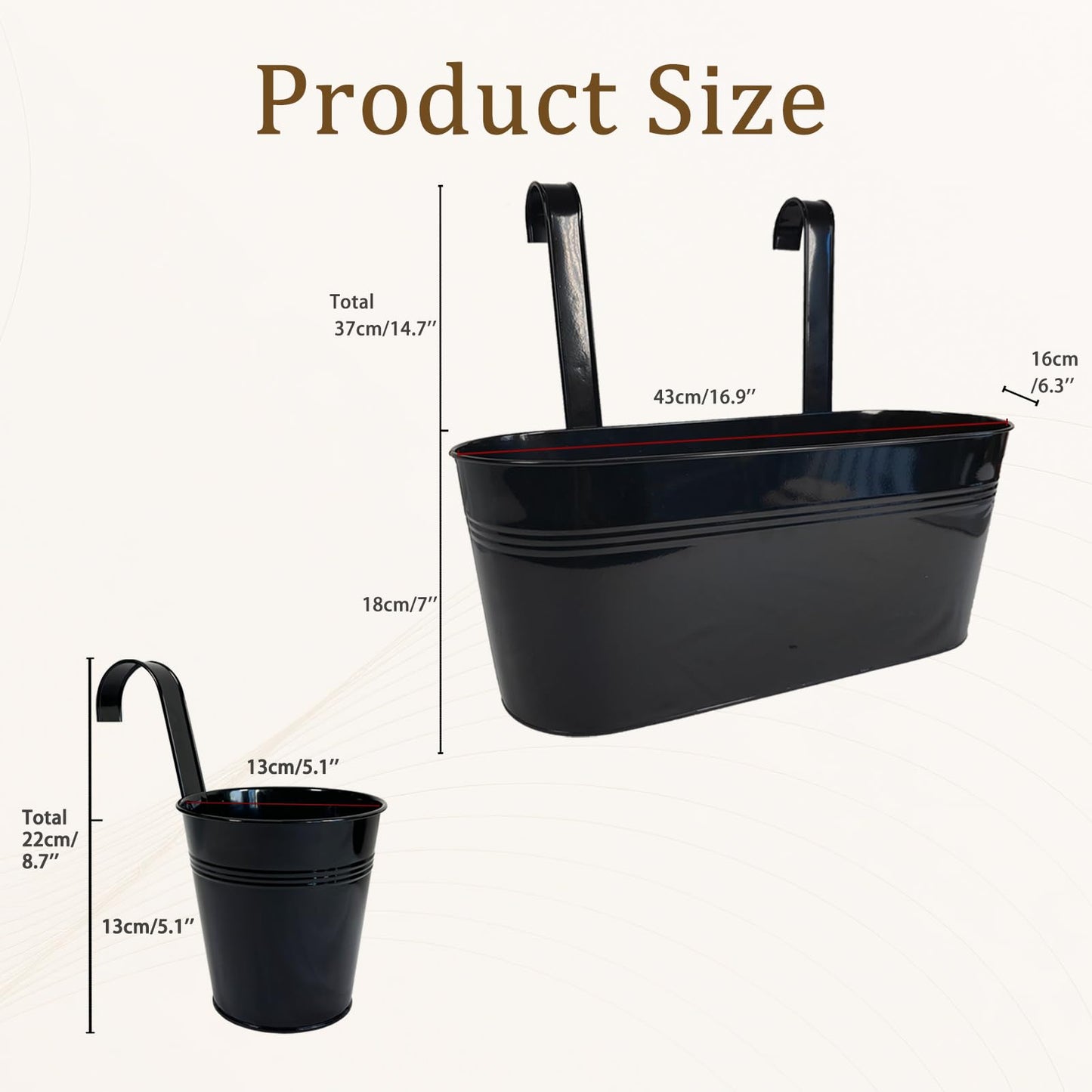 Joyfernal Set of 4 Outdoor Metal Railing Planters Box - 2 Pcs 5.12" Round Balcony Hanging Planter & 2 Pcs 17" Oval Fence Pot with Detachable Hooks Drainage, Black