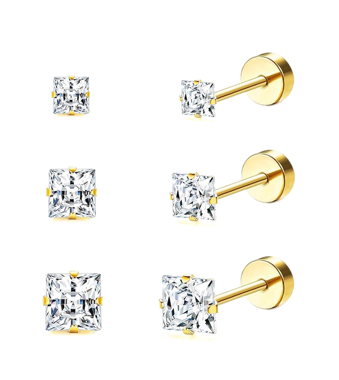 Princess Cut Square CZ Stud Earrings Flat Back, Screw Back Small Gold Clear Cubic Zirconia Studs Earrings Set for Women Men, Pack of 3 Pairs (3mm 4mm 5mm)