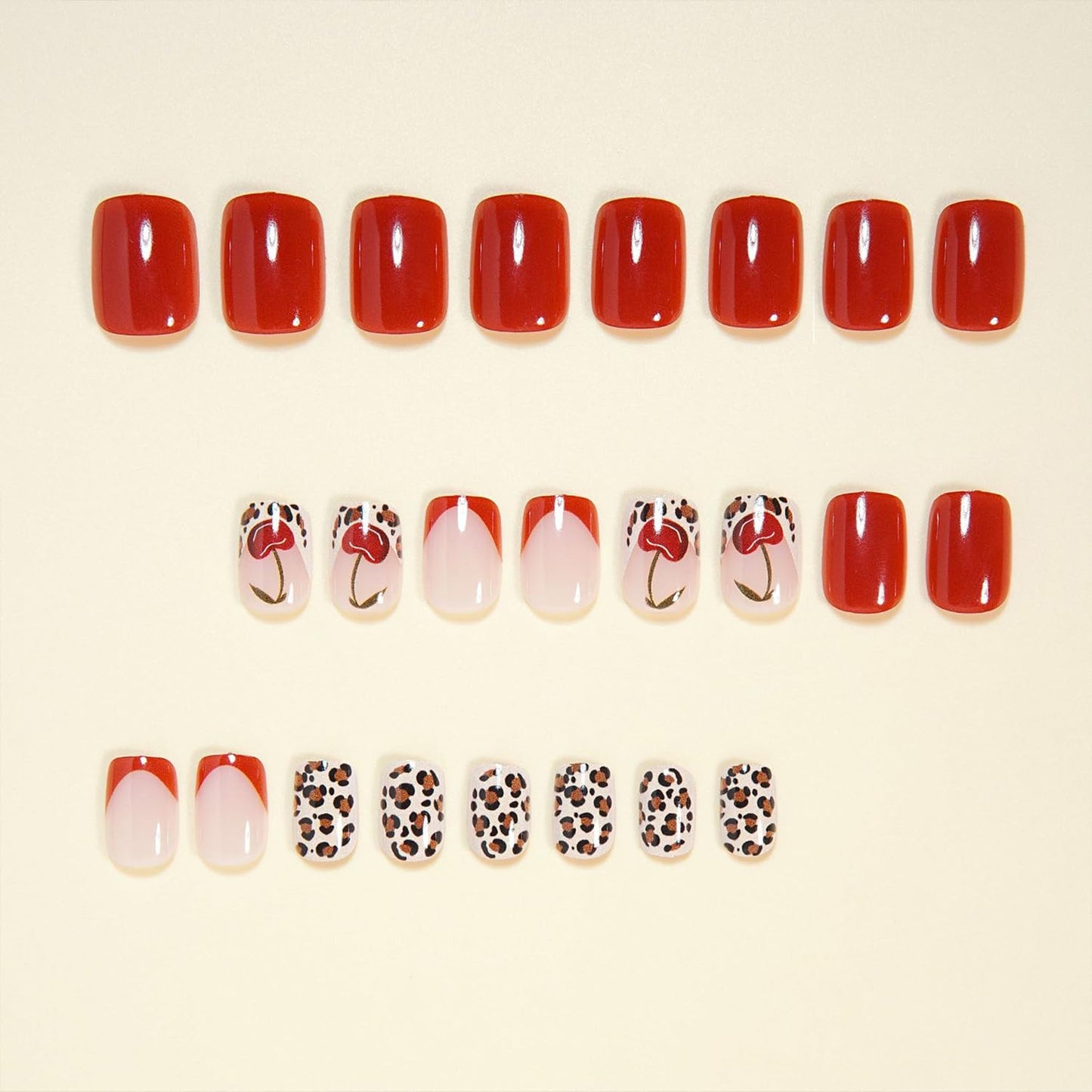 Vopintpy Cherry Red Press on Nails Short Square Fake Nails with Design Glossy Acrylic Glue on Nail Reusable Full Cover Artificial Stick on Nail for Women DIY Manicure