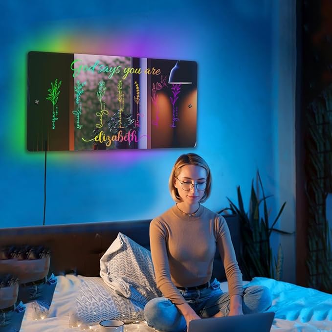 Personalized Affirmation Mirror LED Light - I Am Mirror - Name Light Up Sign for Wall RGB Light - LED Name Sign - Personalized Mirror Name Sign - Handmade Led Mirror for Bedroom (God Says You Are)