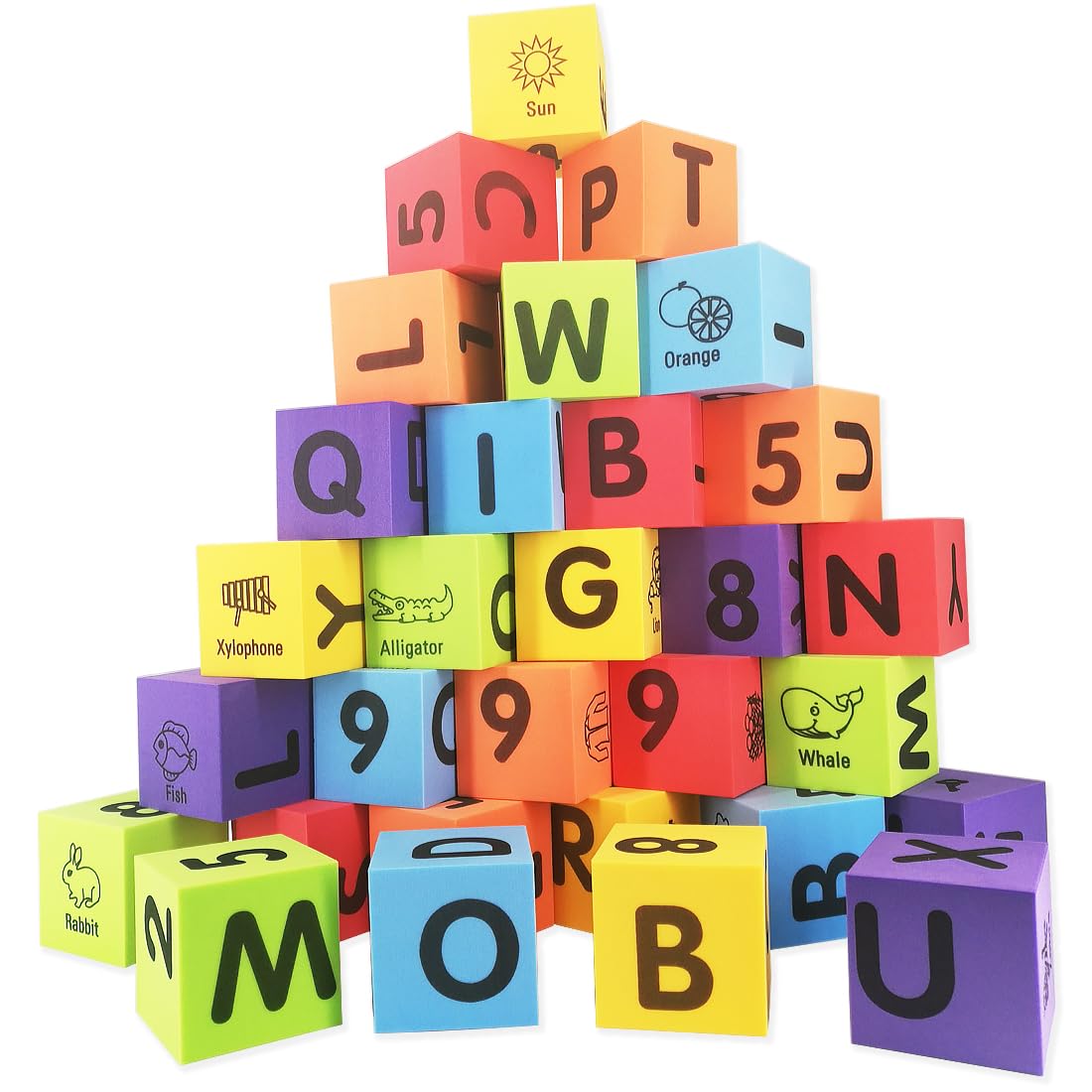 MOBU Foam Building Blocks for Toddlers,30 pcs 2-inch Alphabet Letters Number Blocks with Storage Bag, Learning ABC, 123 Stacking Blocks for Kids