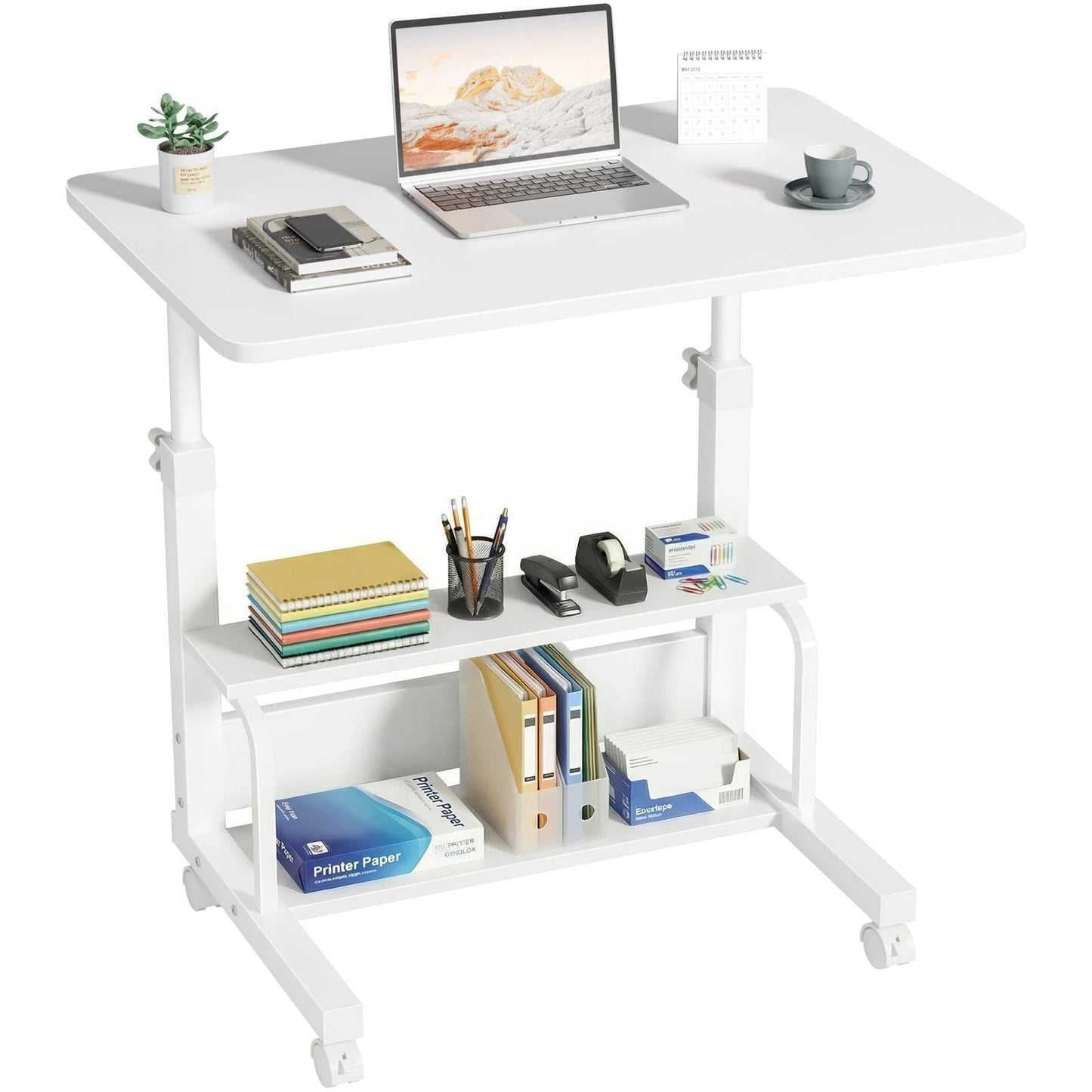 WINAZ Small Portable Laptop Rolling Desk - 32" White Mobile Kids Desk with Wheels for Small Spaces, Height Adjustable C Shaped Side Table with 2-Tier Storage Shelves for Bedroom