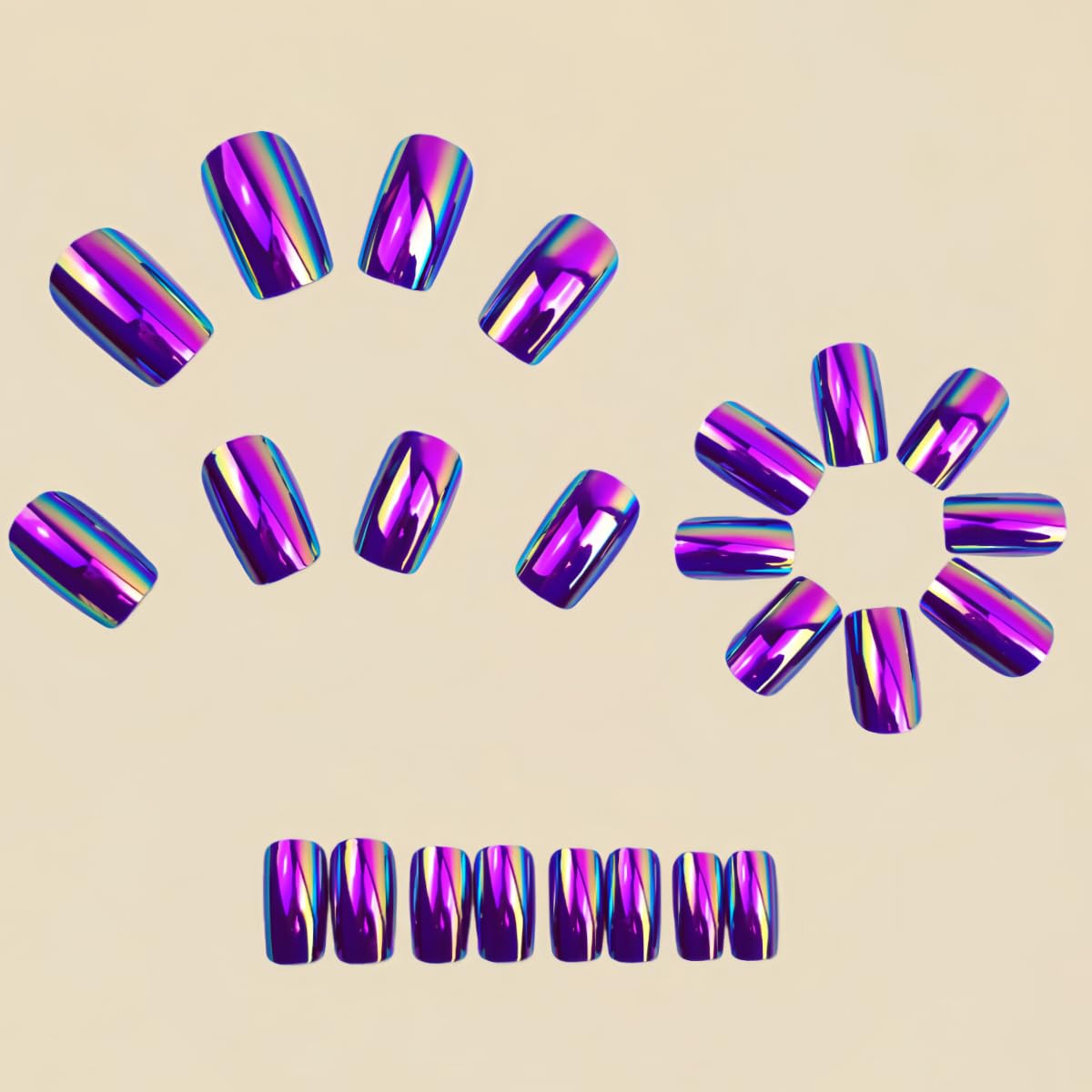 Purple Electroplated Press on Nails Medium Square Fake Nails Designs Chrome-Plated False Nails Deep Purple Mirror Metal Full Cover for Women Girls Daily Wearable Manicure Decoration 24Pcs