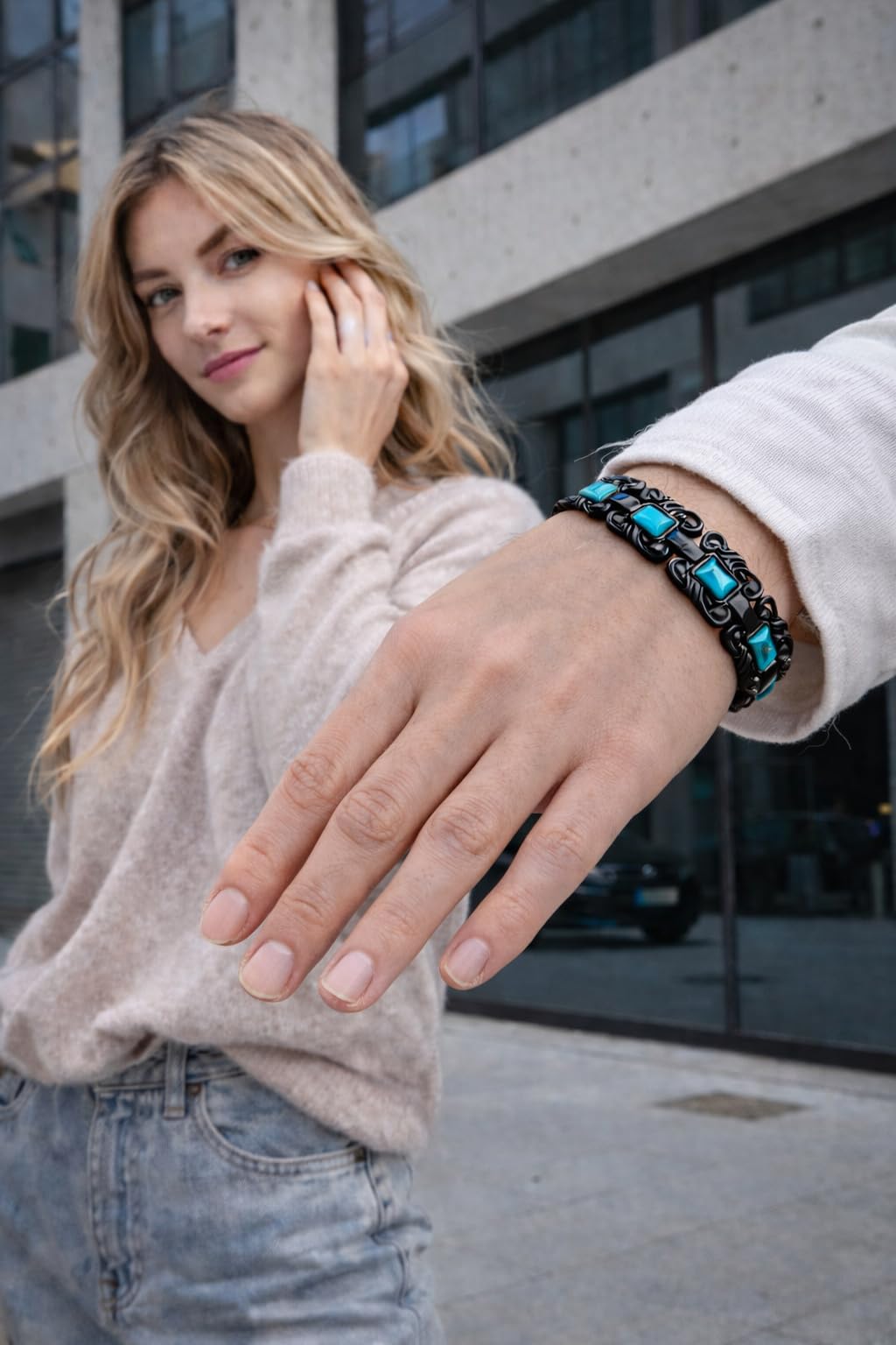 38 Elegant Stainless Steel Blue zircon Magnetic Bracelet for Women Magnetic Functions with Free Link Removal Tool Mother's gift (Black With Blue ziron)