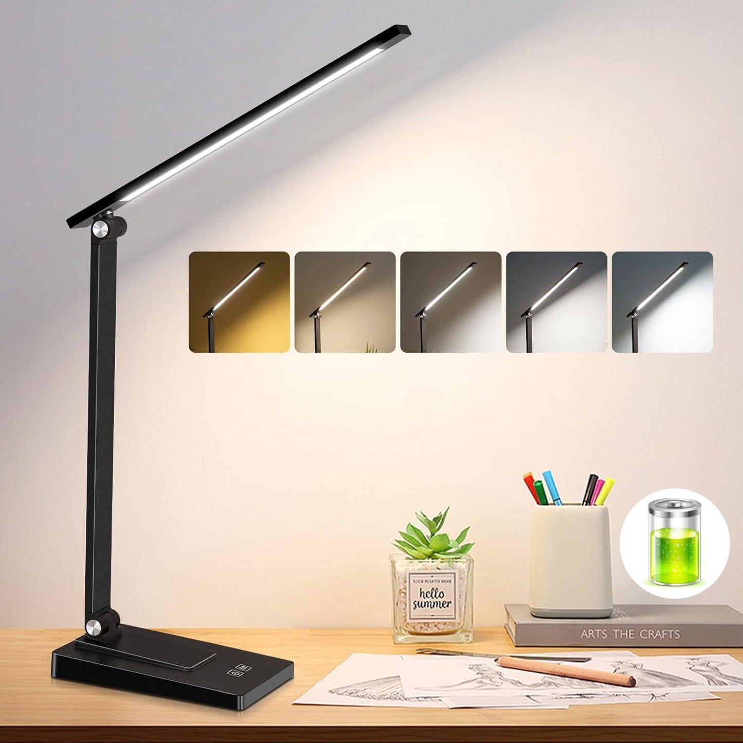 ErayLife Rechargeable LED Desk Lamp, 800LM 2600mAh Reading Table Lamp, 5 Color Modes 5 Brightness Touch LED Desk Lamps, Bedside Lamp with USB Charging Port for Study Home Office Nail, Black