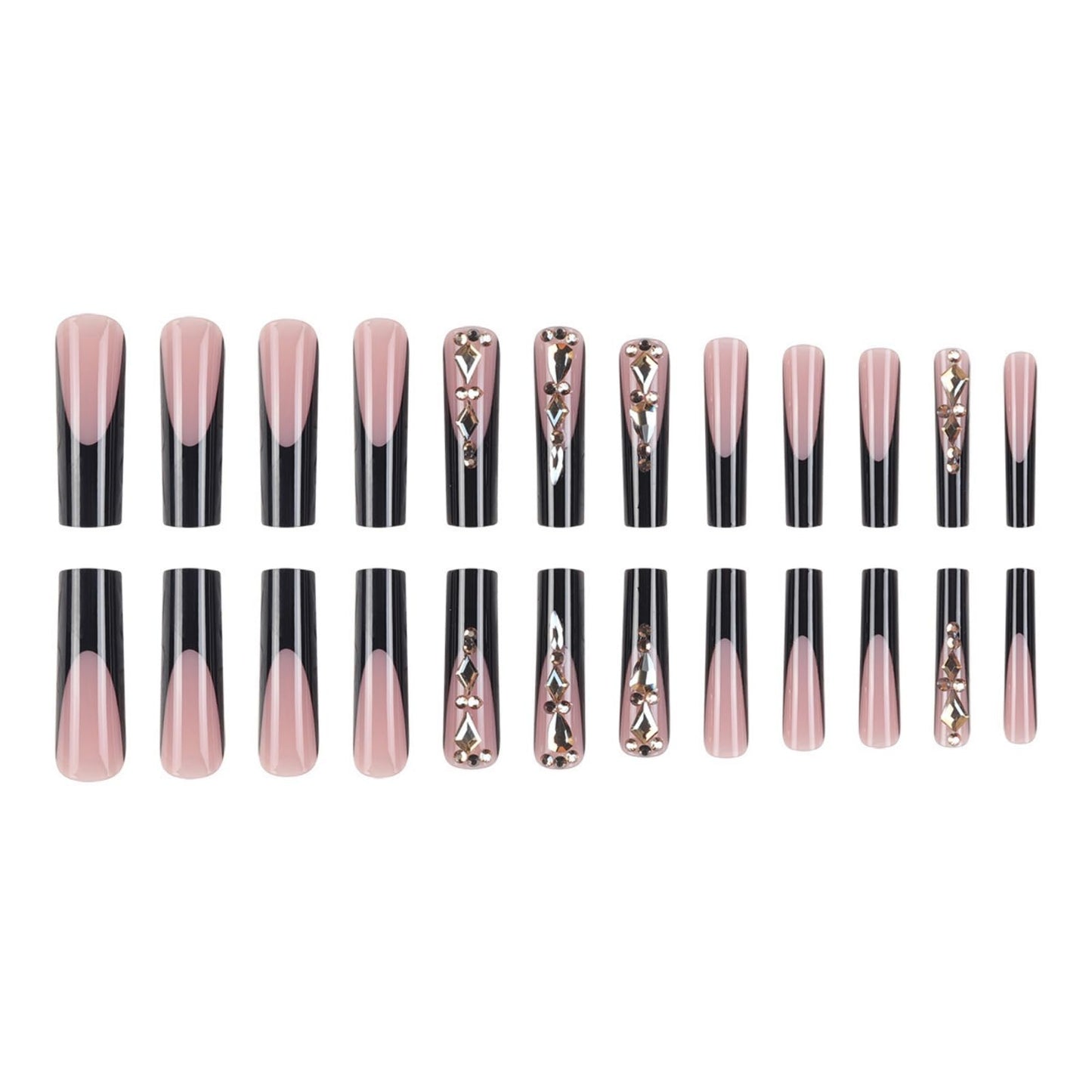 Square Press on Nails Long Fake Nails Extra Long Black Artificial Nail with Rhinestone Designs French Stick on Nail for Women 24pcs