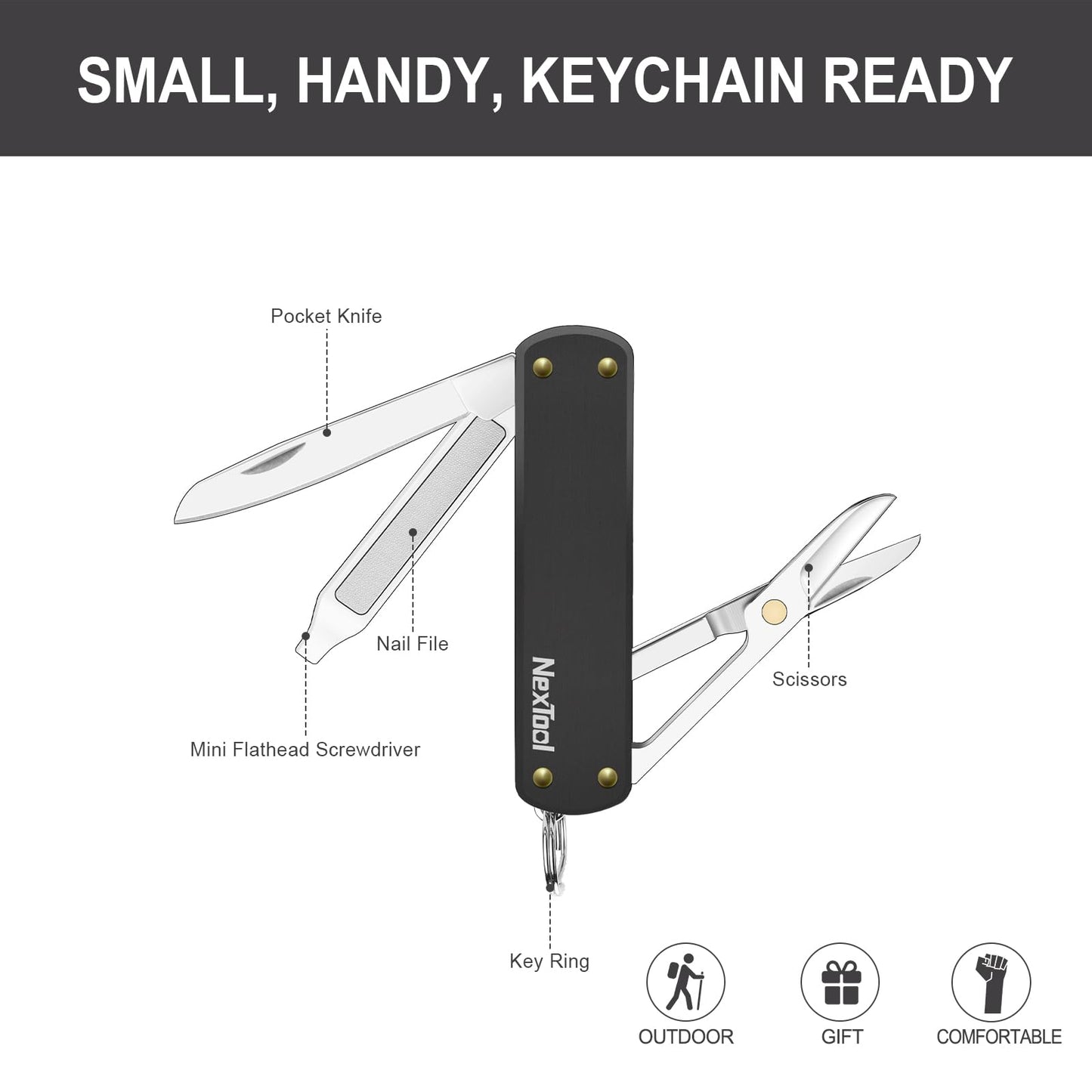 NexTool Keychain Knife, 5 in 1 Mini Multitool Key Chians, Small Pocket Knife with Key Ring, Scissors, Screwdrivers and Nail File, Cool Gadget Gifts for Men Women Dad Boyfriend Everyday Carry(Black)