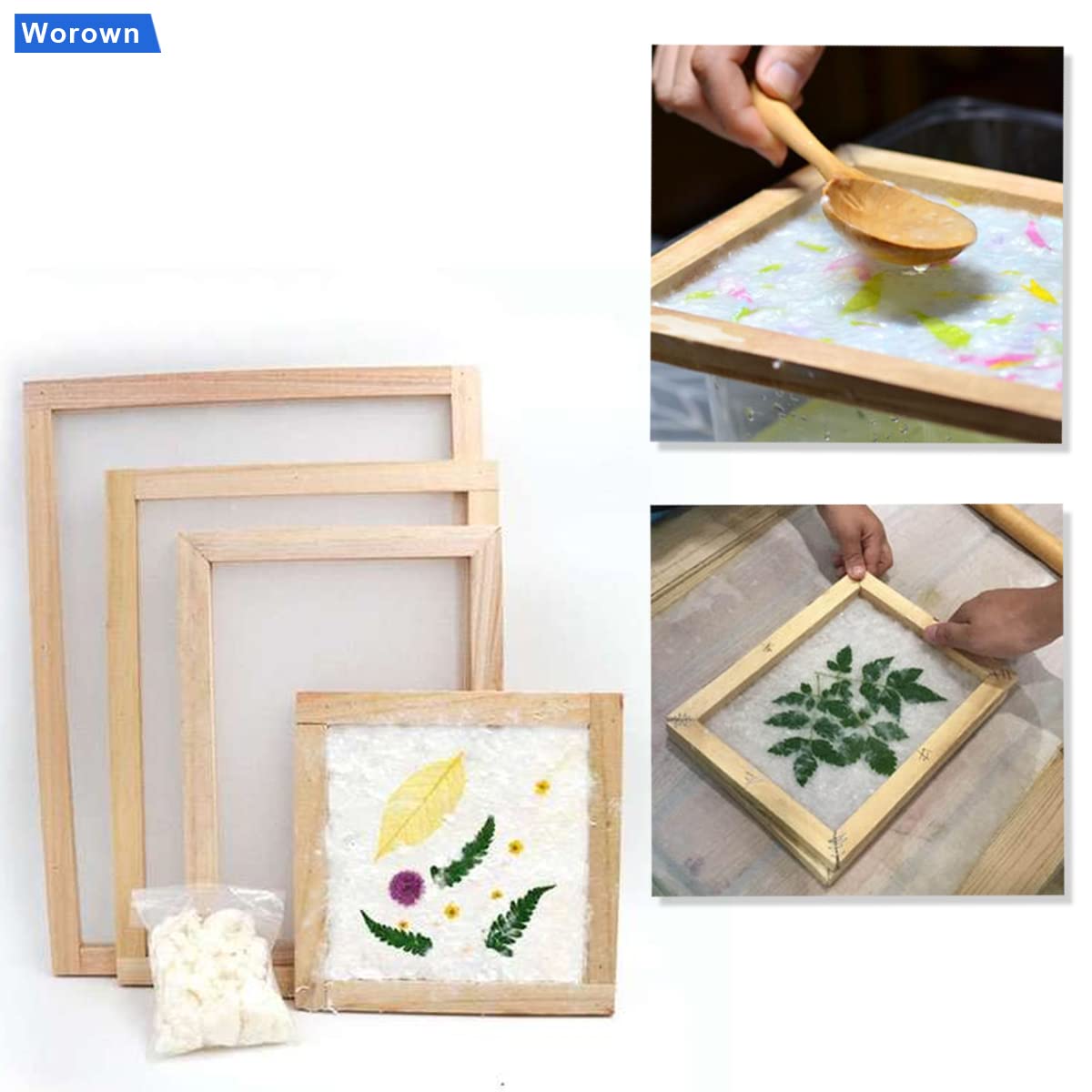 Worown 5 Different Size Wooden Paper Making Screens, PaperMaking Mold and Deckle, Paper Making Frames for DIY Paper Crafts