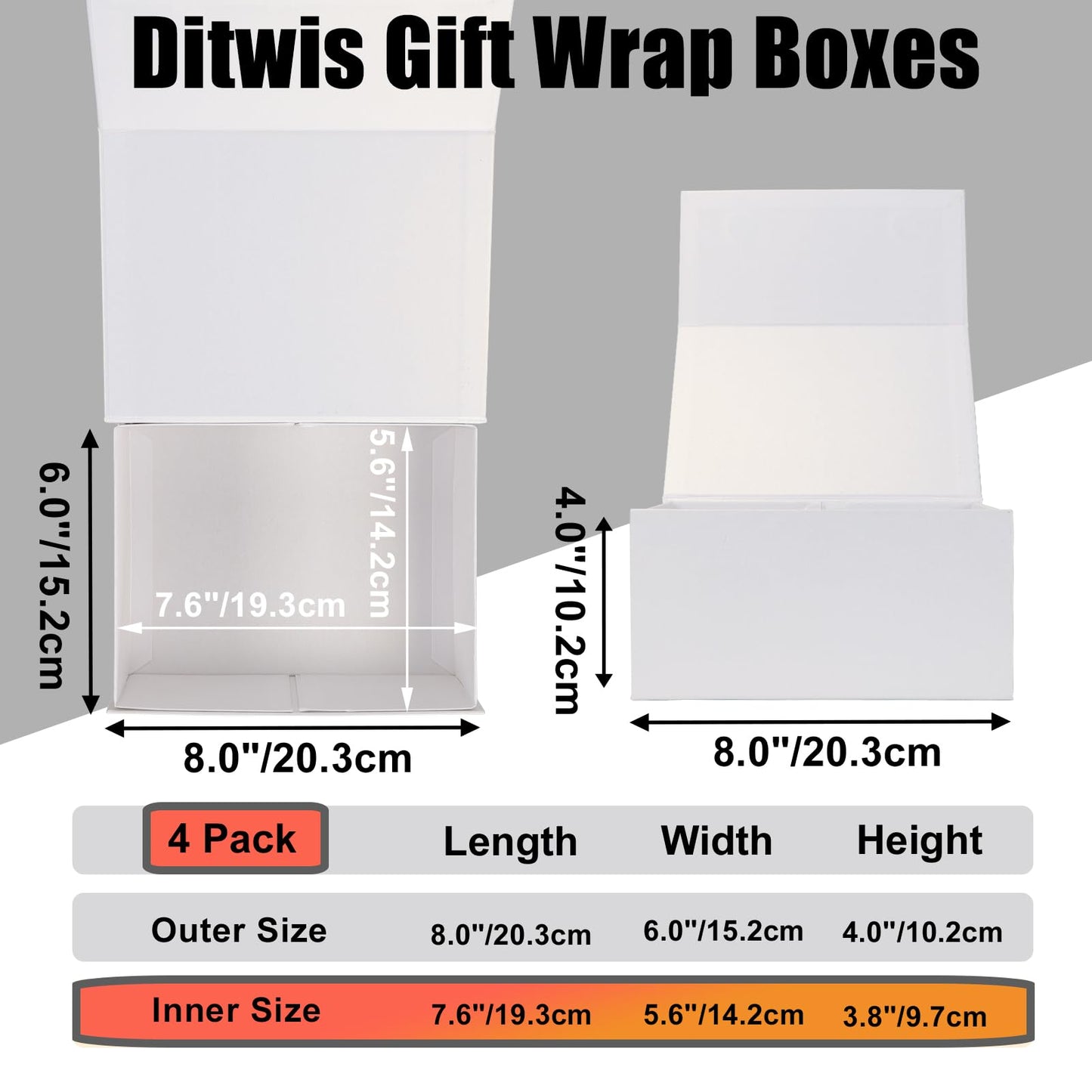 Ditwis 4 Pack 8x6x4 Inches Gift Boxes with Magnetic Closure Lids, White Magnetic Box for Wedding, Groomsmen Bridesmaid Proposal, Birthdays, Mother's Day
