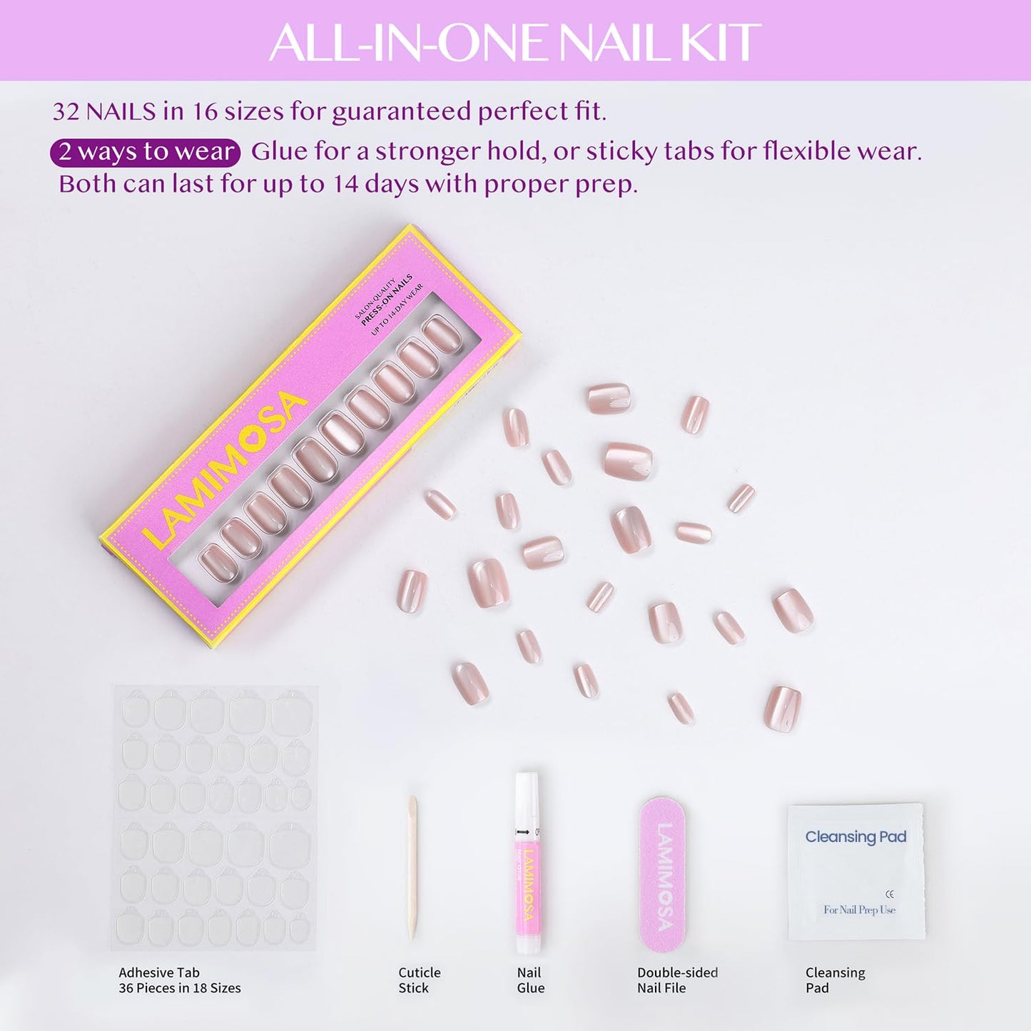 LAMIMOSA 32Pcs Cat Eye Press On Nails Short Square – Soft Gel Fake Nails in 16 Sizes, Reusable Glue on Nails Kit, SILK MIRAGE
