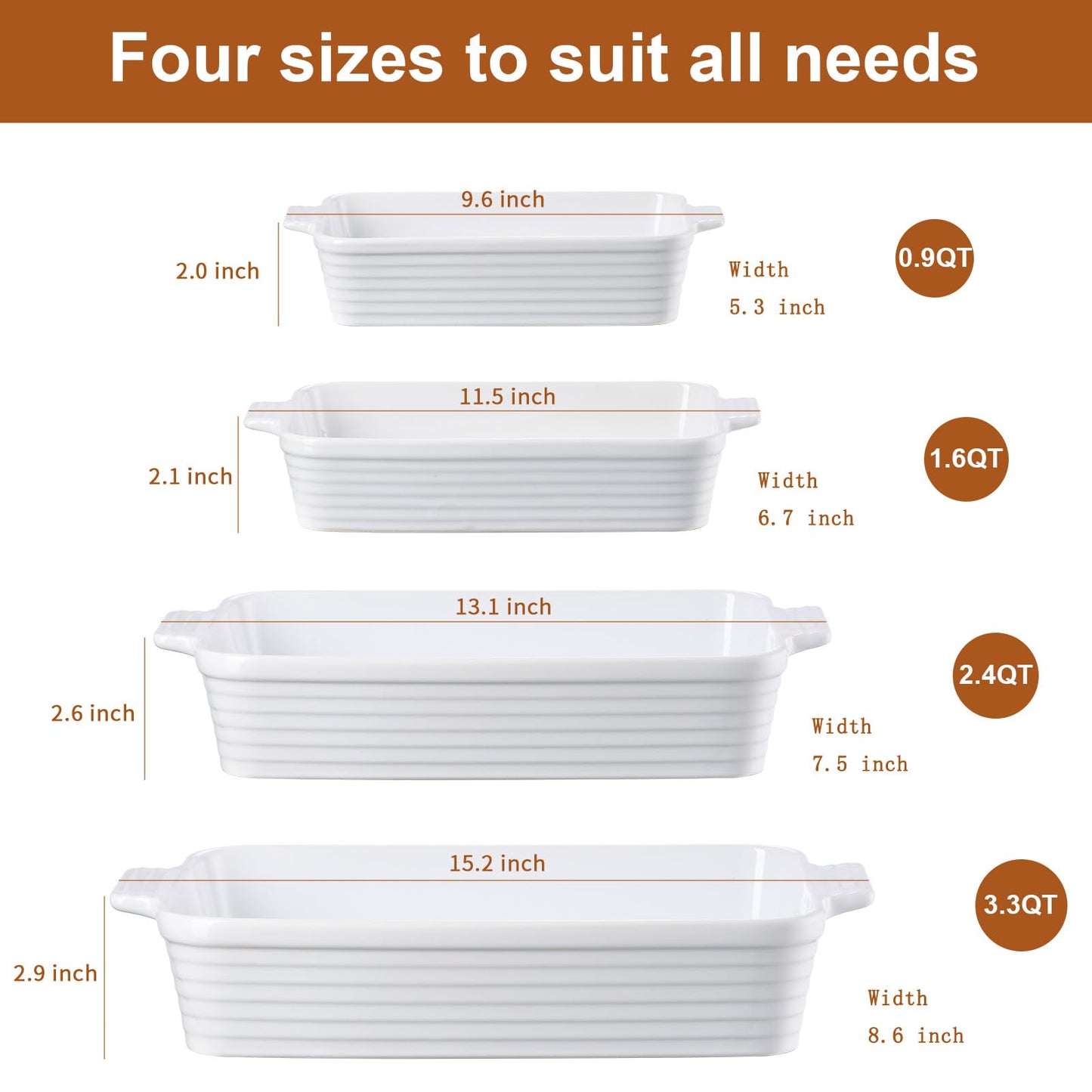 Jassceram Casserole Dishes for Oven, Porcelain Baking Dishes Set of 4, Rectangular Ceramic Casserole Dish with Handles, Deep Lasagna Pan for Kitchen Baking, 9.6" to 15.2", Nesting Design, White