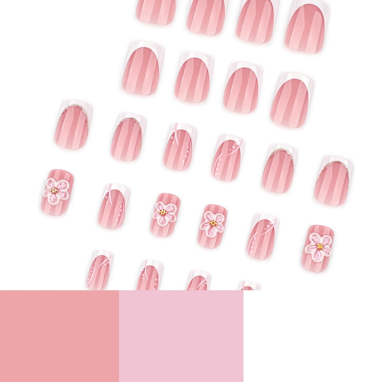 Medium Press on Nails Square Fake Nails Nude Pink French Artificial Nail 3D Flower Gold Glitter Stick on Nail for Women 24pcs