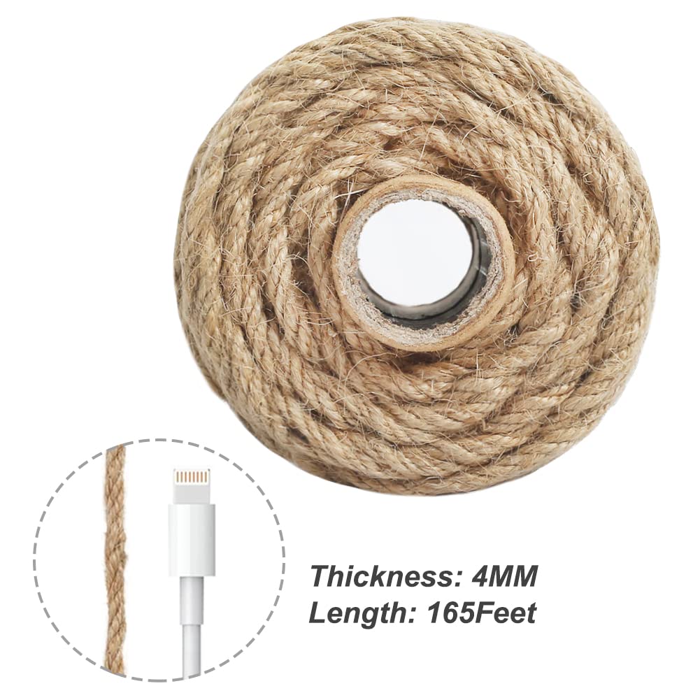 Vivifying Jute Twine, 165 Feet 4mm Thick Natural Jute Rope for Crafts, Garden Ties, Climbing Plants, Hanging and Packing (Brown)