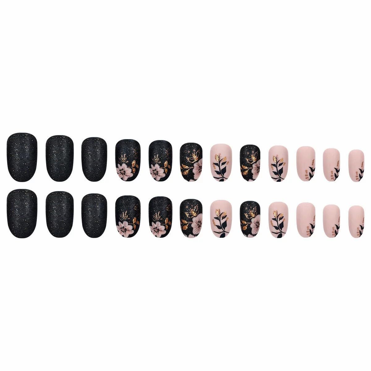 Short Press on Nails Almond Fake Nails with Flower Leaves Design Matte Black Nude Pink Spring Glue on Nails Acrylic Gel False Nail Kit Reusable Stick on Nails for Women Manicure Decorations 24PCS