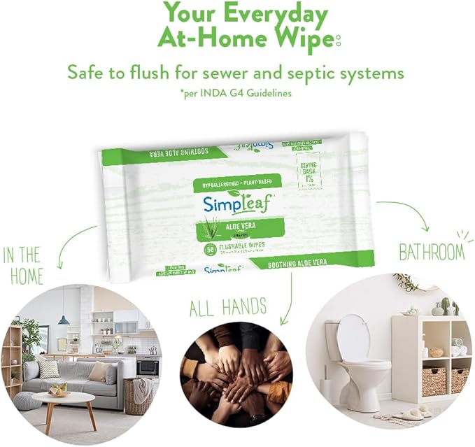Simpleaf Flushable Wet Wipes Aloe Vera | Plastic Free, Paraben & Alcohol Free | Hypoallergenic & Safe for Sensitive Skin | Soothing Aloe Formula | Adult Toilet Wipes (3 x 50 Counts Pack) 150 Counts