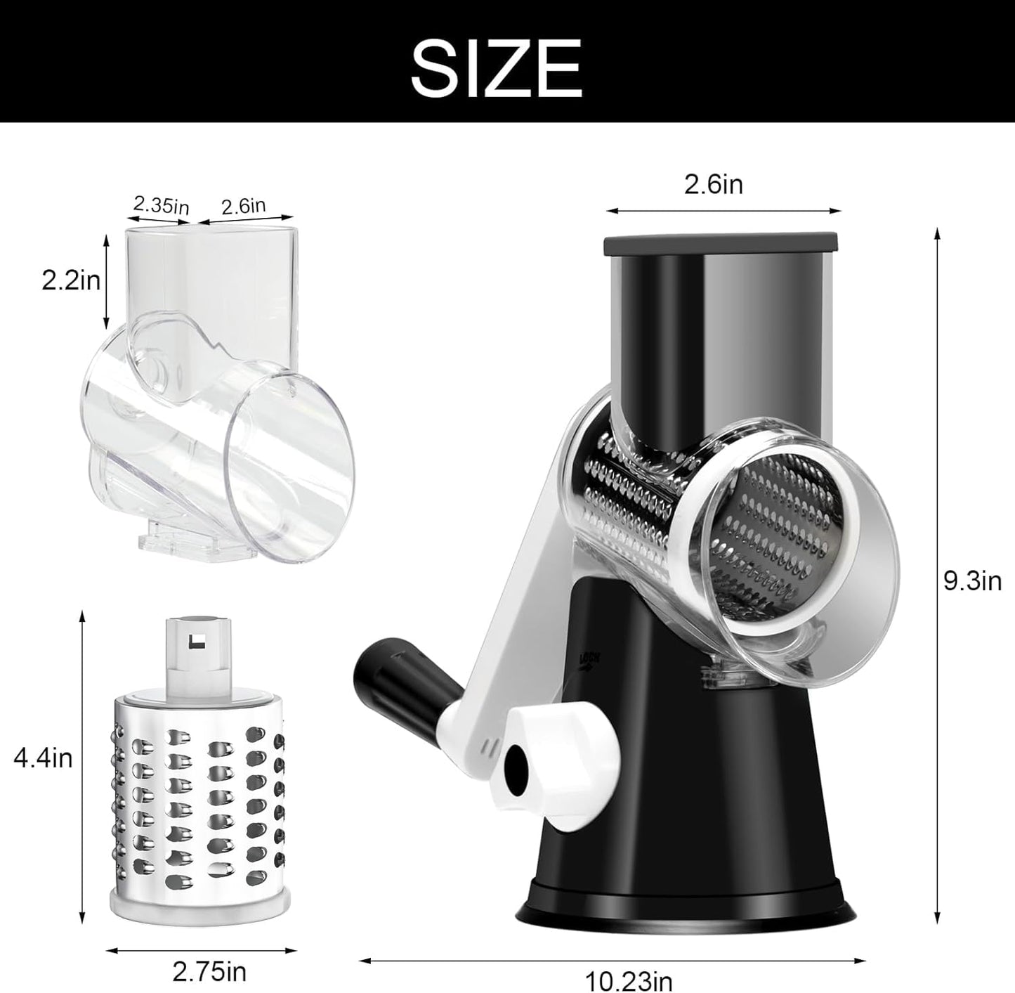 Cambom Rotary Cheese Grater Hand Crank Cheese Shredder for Fresh Cheese, Vegetable, Nuts,Non-slip Suction Base, Three Blades, Black