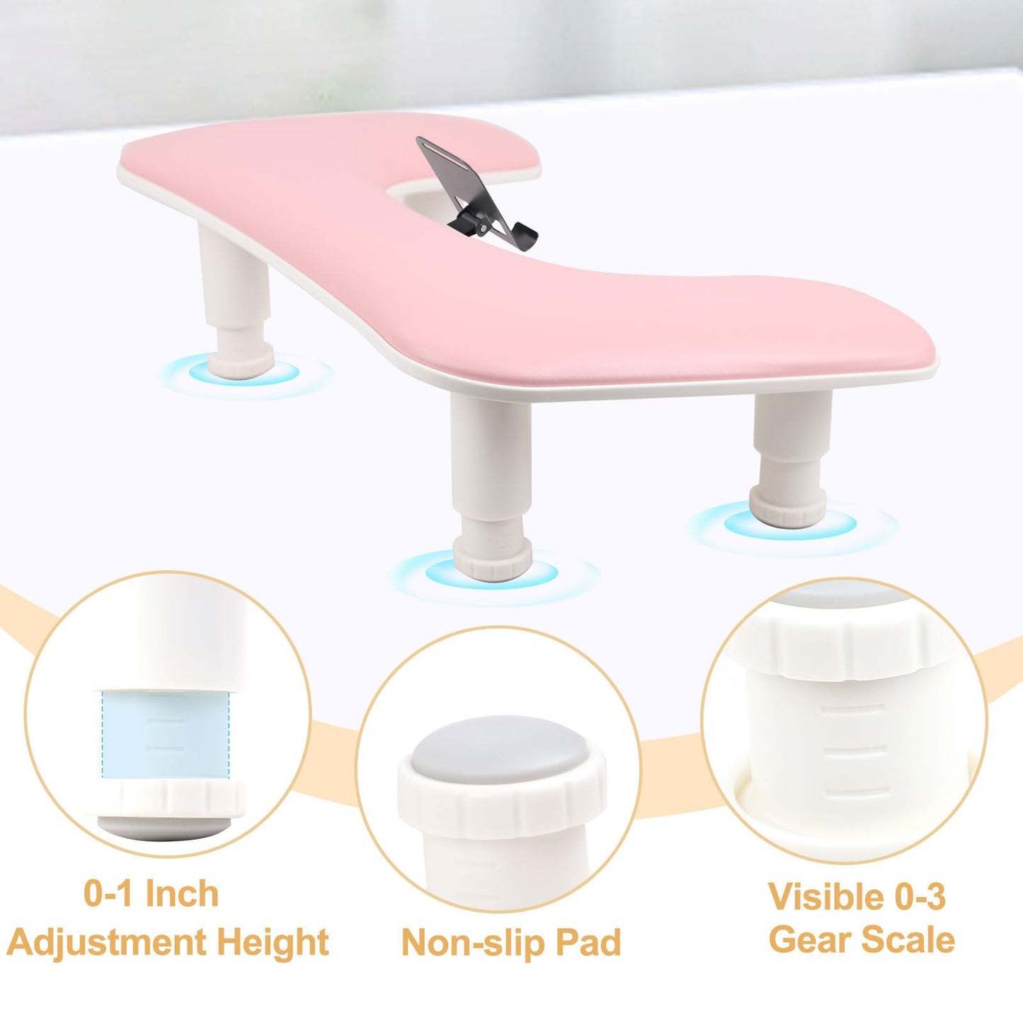 Arm Rest for Nails Tech with a Build-in Phone Holder,U shaped Adjustable Base Manicure Nail Hand Rest Stand Pillow Cushion (Pink)