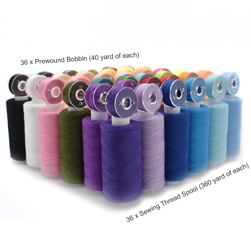 Renashed 72Pcs Bobbins Sewing Threads Kit, 36 Colors Spools 360Yards per Polyester Thread, 36 Colors Prewound Bobbin with Case for Hand Machine Sewing