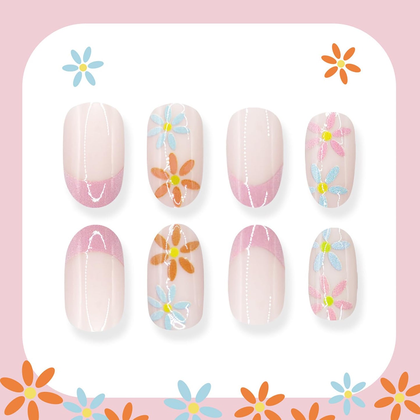 24Pcs Short Press On Nails Almond Fake Nails French Tip False Nails With Cute Flowers Designs Spring Summer Nails Press Ons Full Cover Glue On Nails Glossy Stick On Nails For Women