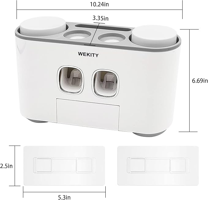 Toothbrush Holder Wall Mounted, WEKITY Multi-Functional Toothbrush and Toothpaste Dispenser for Bathroom, with 5 Toothbrush Slots, 2 Toothpaste Squeezers and 4 Cups(Grey)