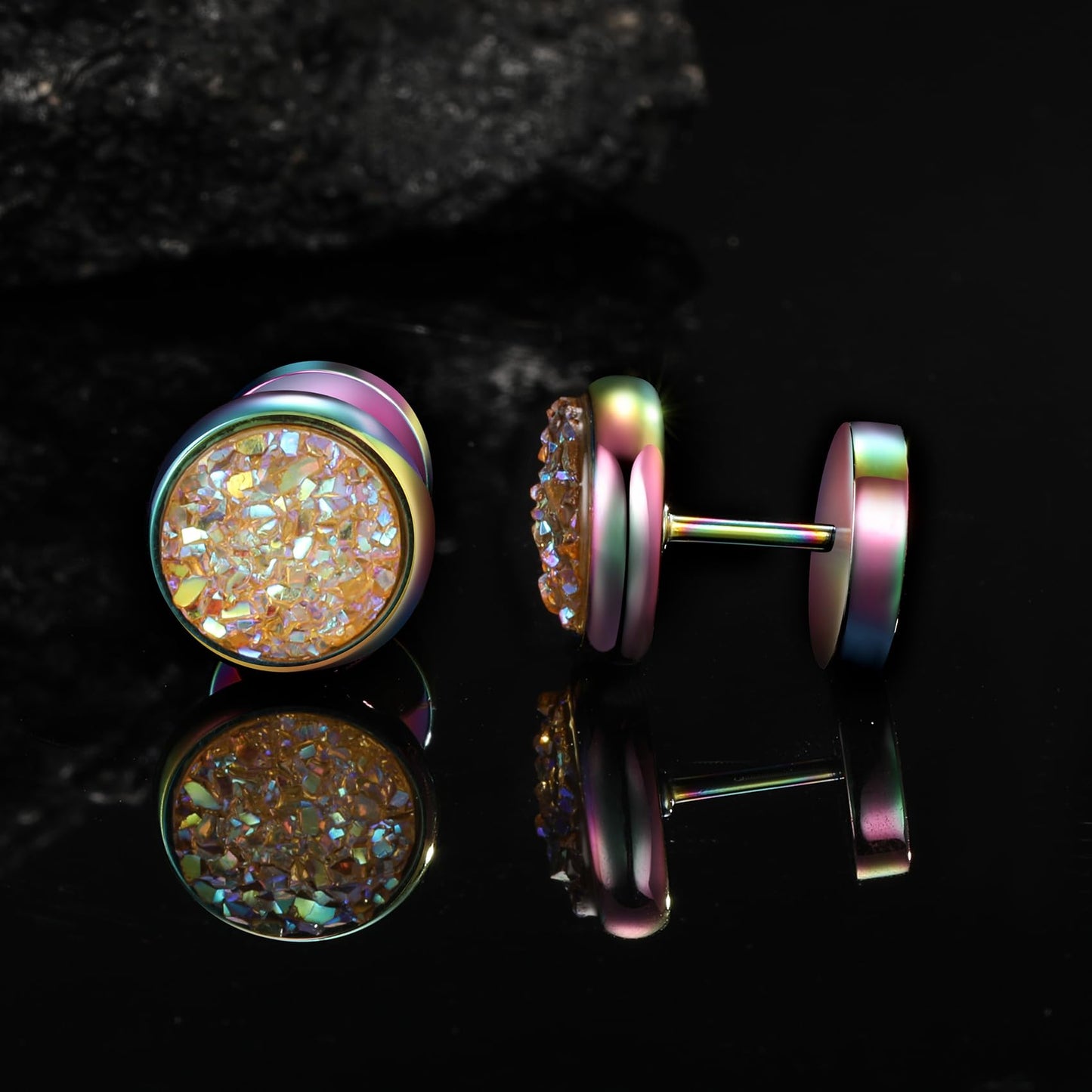 VOLUKA Crystal Stone Stud Earrings Flat Back Titanium Stainless Steel Hypoallergenic Cartilage Earrings Stud for Sensitive Ears Women Men(Yellow-Rainbow)