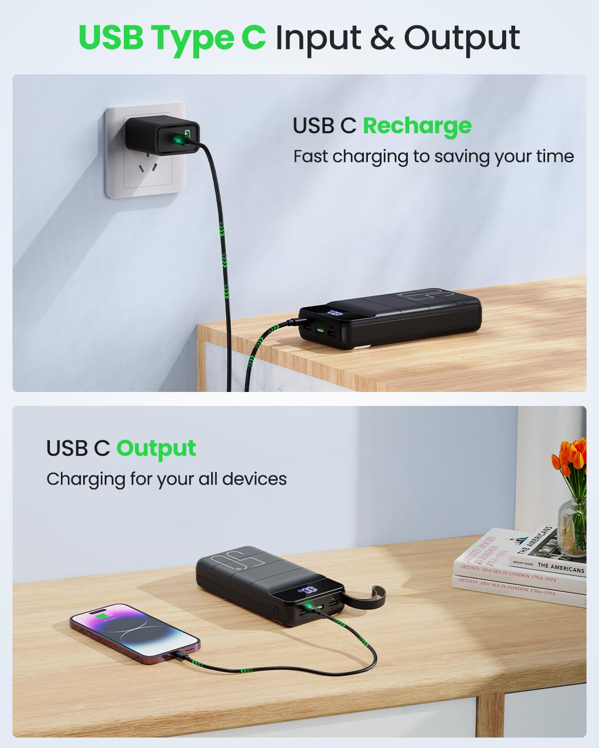 Power Bank Fast Charging 50000mAh - 22.5W Portable Charger USB C Quick Charge with 4 Outputs & 3 Inputs LED Display Huge Capacity External Battery Pack for iPhone, Samsung, iPad etc Black