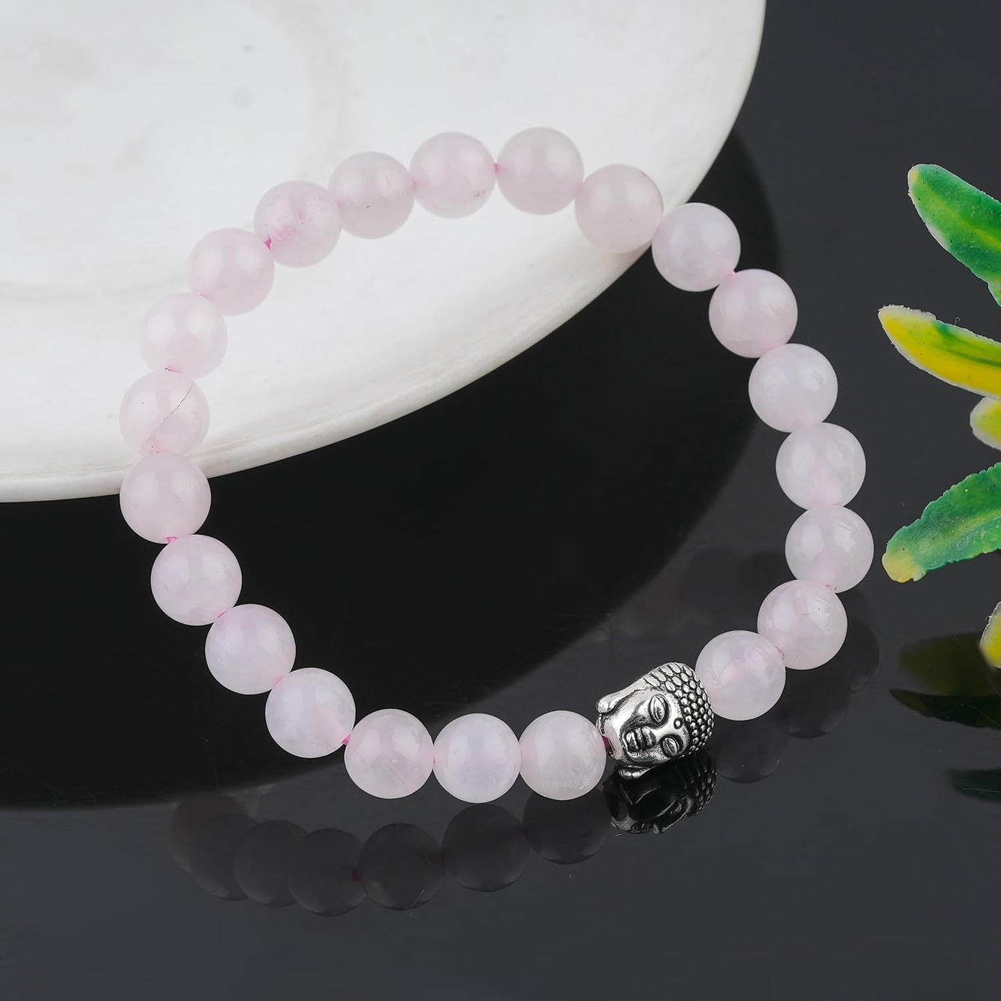 CRYSTALINES Buddha Charm Stretchable Braceclet, Natural Rose Quartz Gemstone Beads, Plain Round Stones, Handmade Boho Strech Bracelet, Adjustable Spiritual Healing Crystal Unisex Jewelry Gift