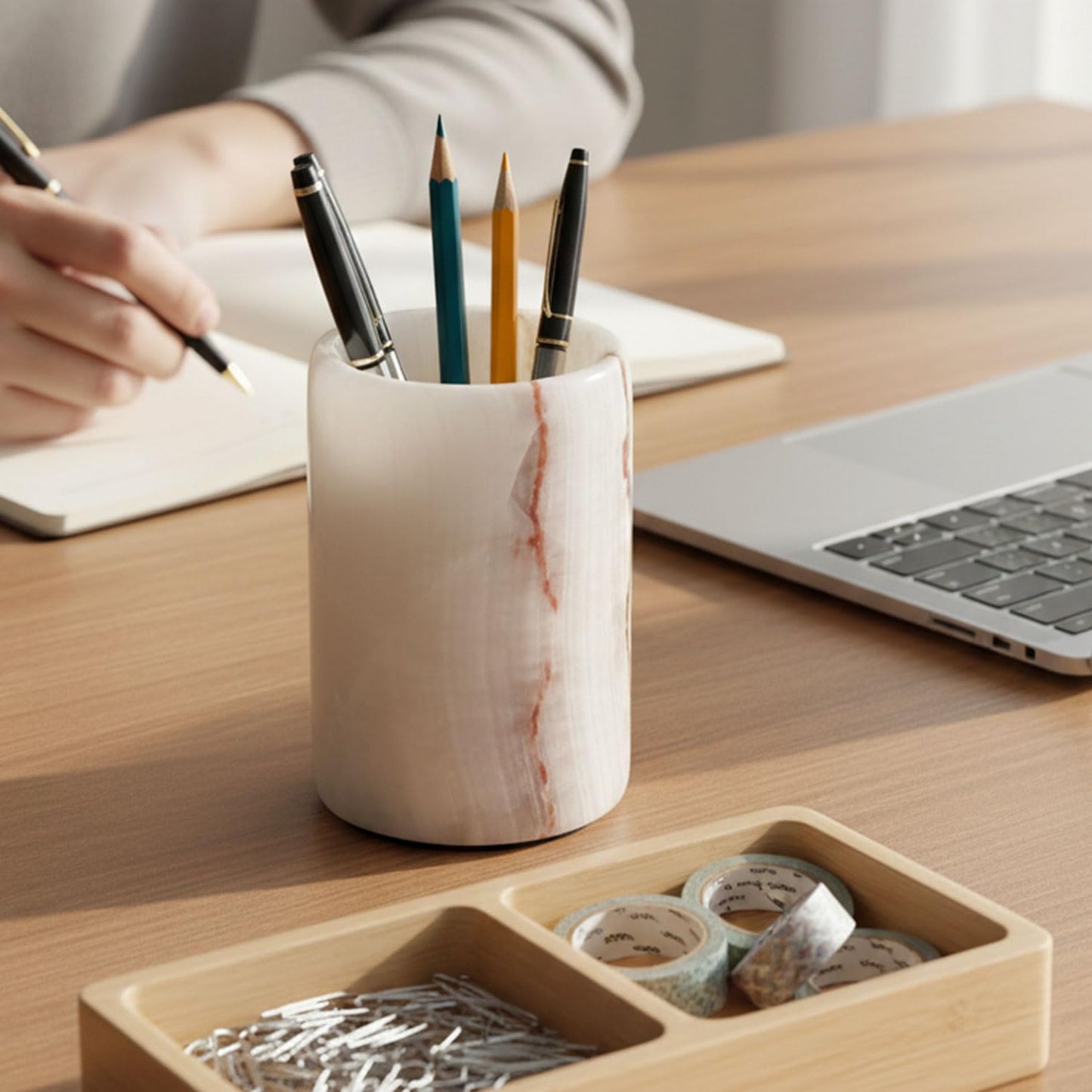 Radicaln Marble Pen Holder For Desk 4" Inches White Onyx Handmade Stationary Holder For Study Room, Ideal Pencil Holder & Desk Organizer, Use for Office Supplies